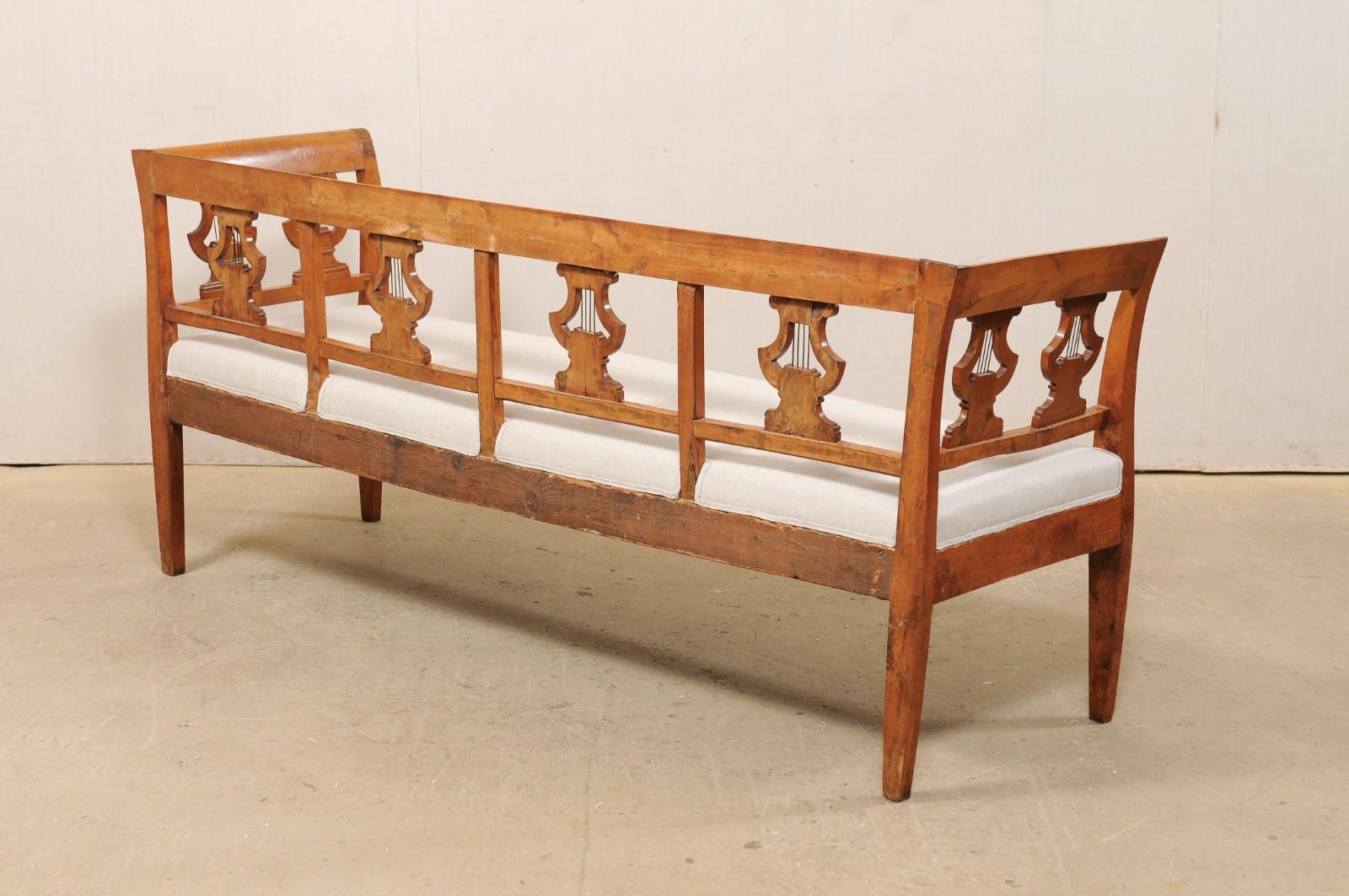 Linen Swedish Neoclassical Style Birchwood Sofa Bench with Lyre Carvings, Mid-19th C