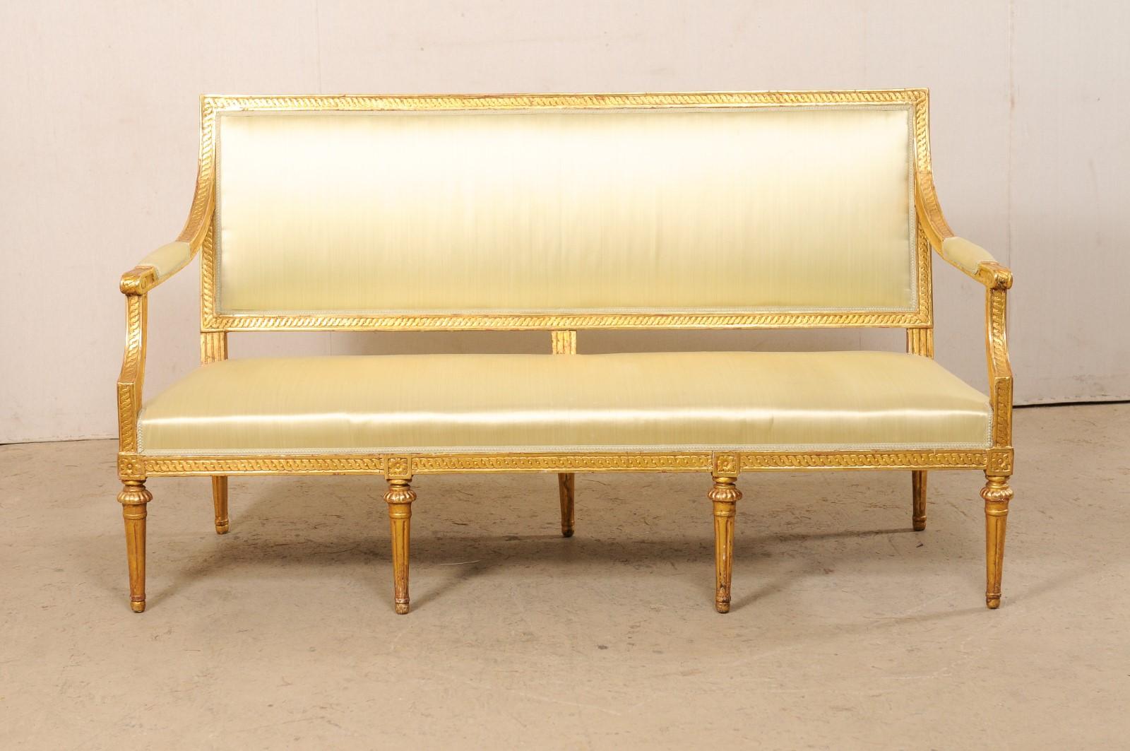 Swedish Neoclassical Style Carved Gilt-Wood & Upholstered Sofa Bench, 19th C. In Good Condition For Sale In Atlanta, GA