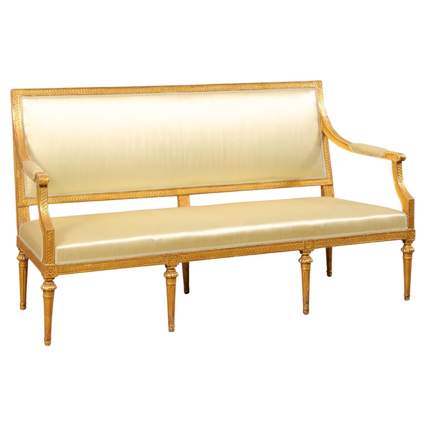 Swedish Neoclassical Style Carved Gilt-Wood & Upholstered Sofa Bench, 19th C.