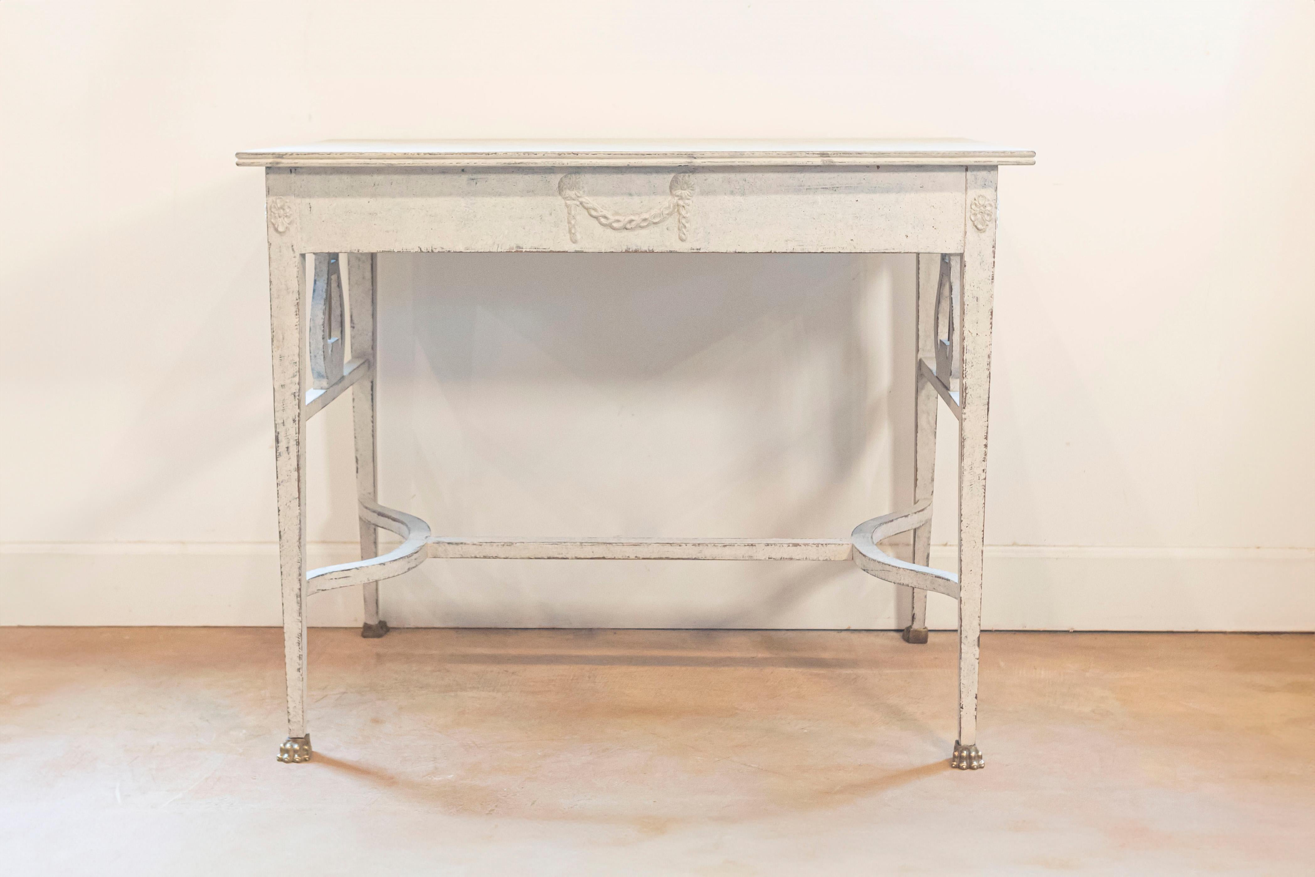 Carved Swedish Neoclassical Style Painted Hall Table with Lyre Motifs and Lion Feet For Sale
