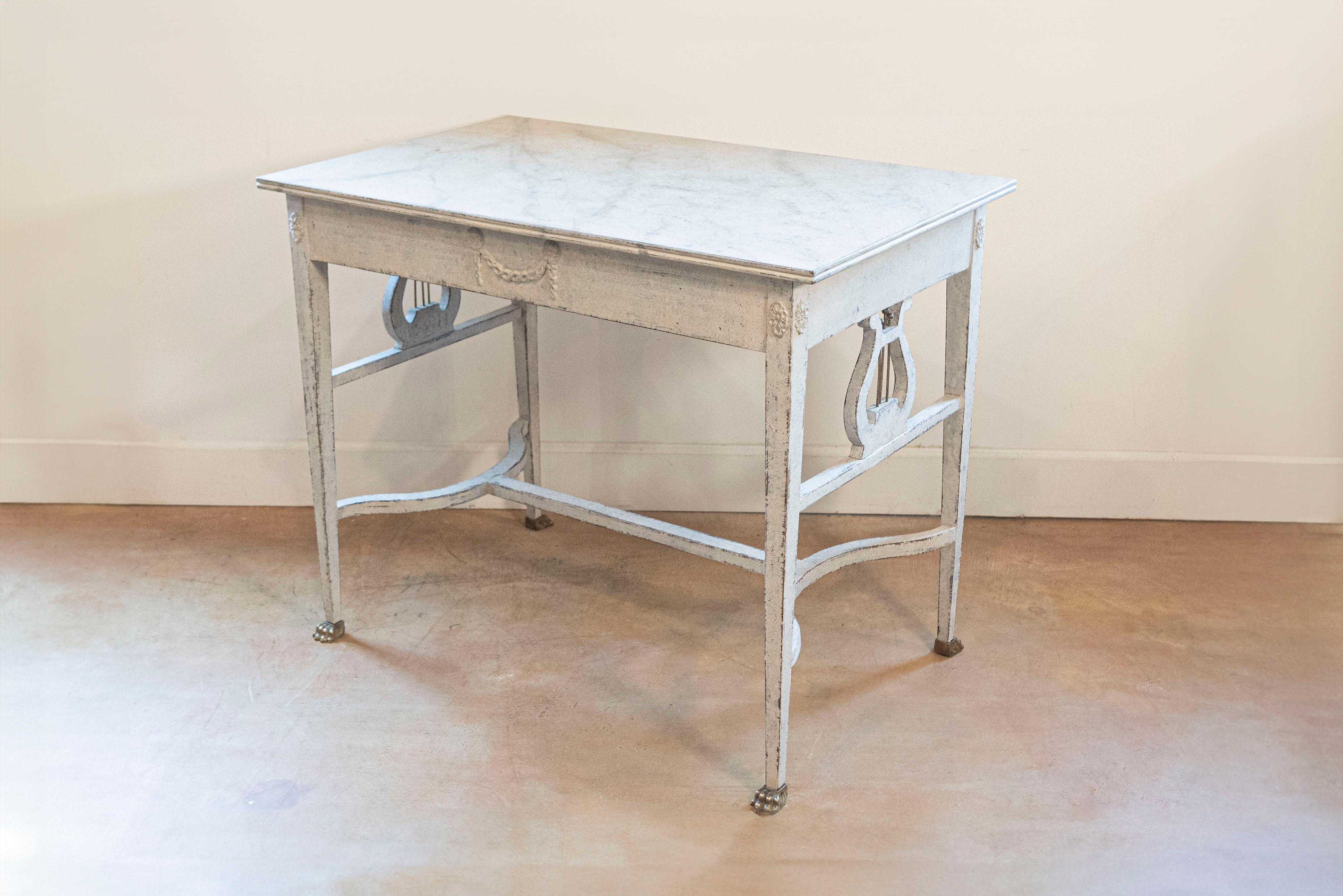 20th Century Swedish Neoclassical Style Painted Hall Table with Lyre Motifs and Lion Feet For Sale
