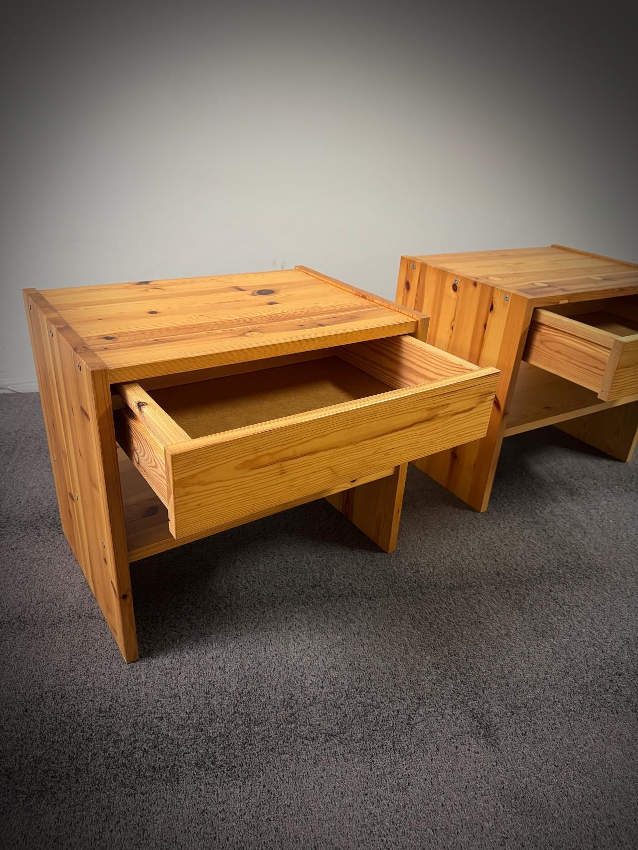 Mid-Century Modern Les Arcs Perriand style Nightstands with Drawers, Solid Pine, 1970s, France For Sale