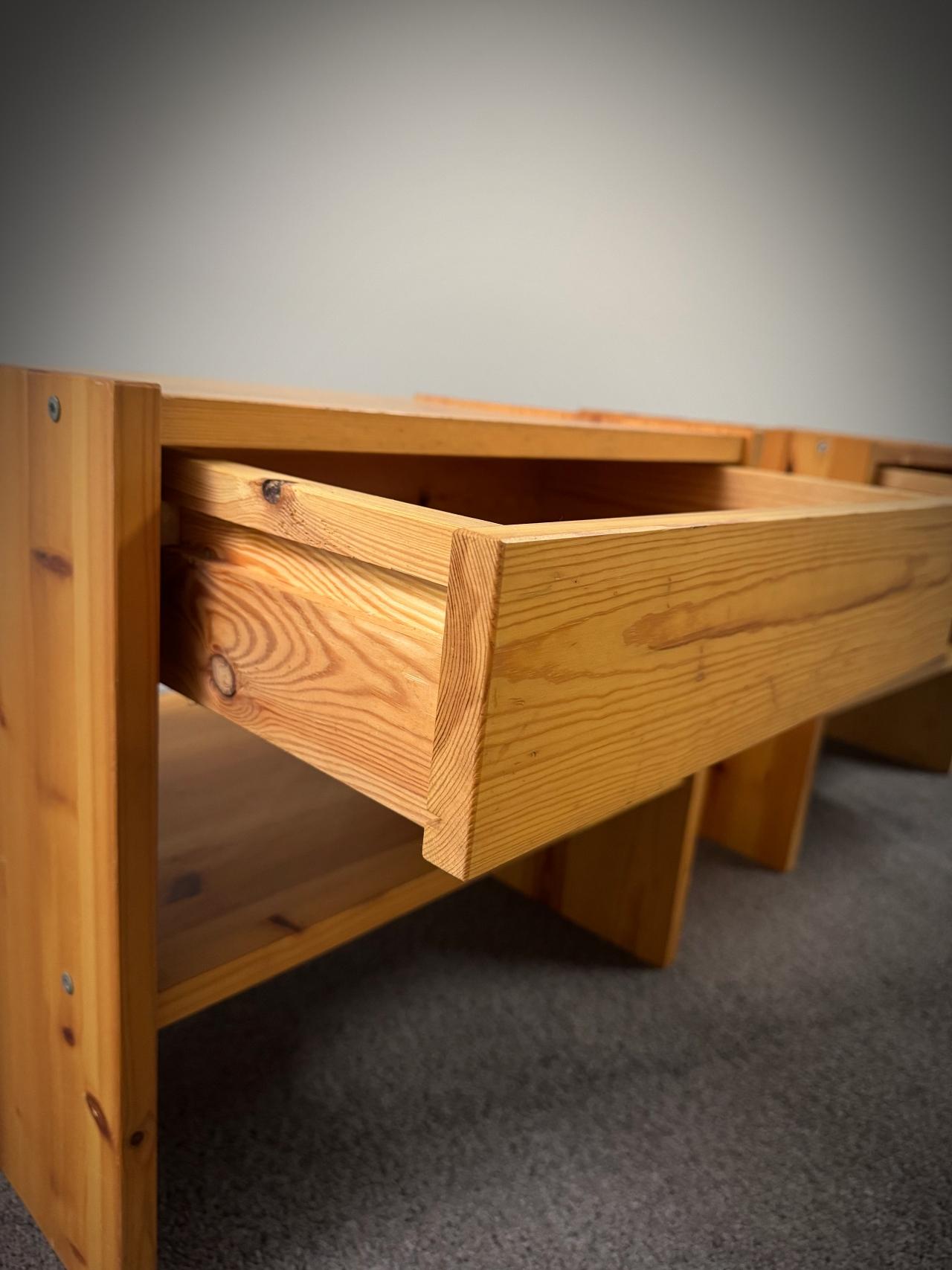 French Les Arcs Perriand style Nightstands with Drawers, Solid Pine, 1970s, France For Sale