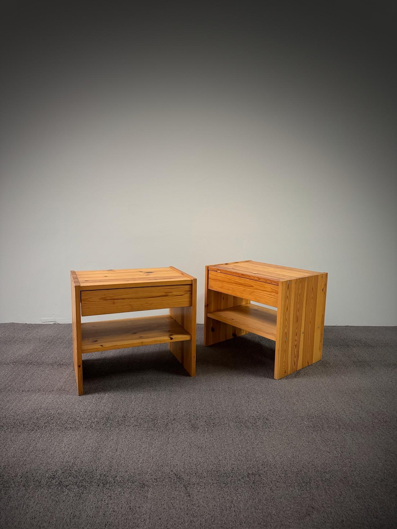 Les Arcs Perriand style Nightstands with Drawers, Solid Pine, 1970s, France For Sale 1