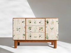 Swedish Nordens Flora Illustrations on Art Deco Burlwood Cabinet, 1940's