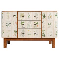 Swedish Nordens Flora Illustrations on Art Deco Burlwood Cabinet, 1940's