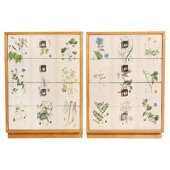 Swedish Norden's Flora Illustrations Pair of Birch Cabinets, Josef Frank Style Swedish Norden's Flora Illustrations Pair of Birch Cabinets, Josef Frank Style