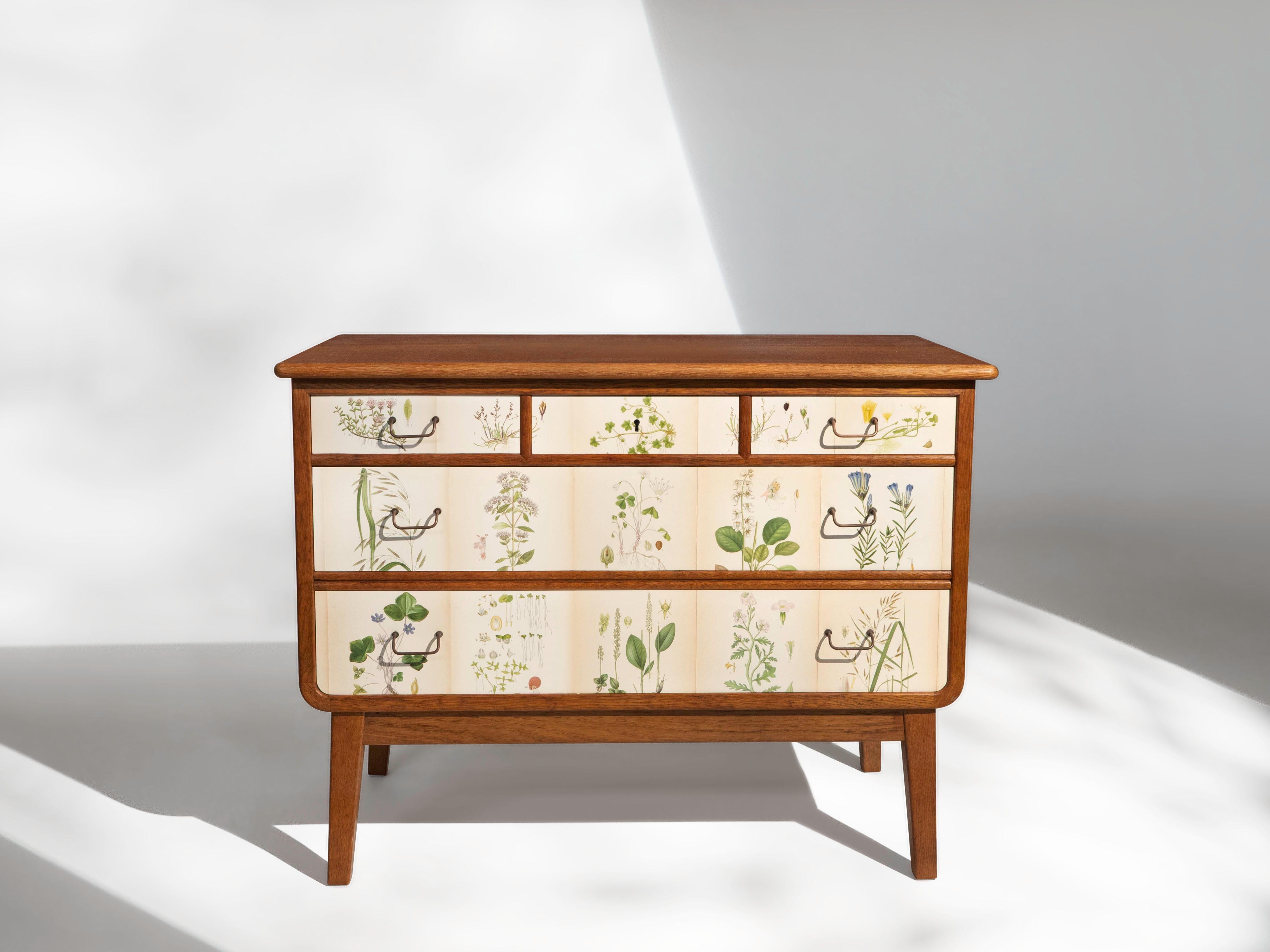 Swedish Oak 5 Drawer Dresser with Norden's Flora Illustrations Josef Frank Style For Sale 8