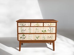 Swedish Oak 5 Drawer Dresser with Nordens Flora Illustrations Josef Frank Style