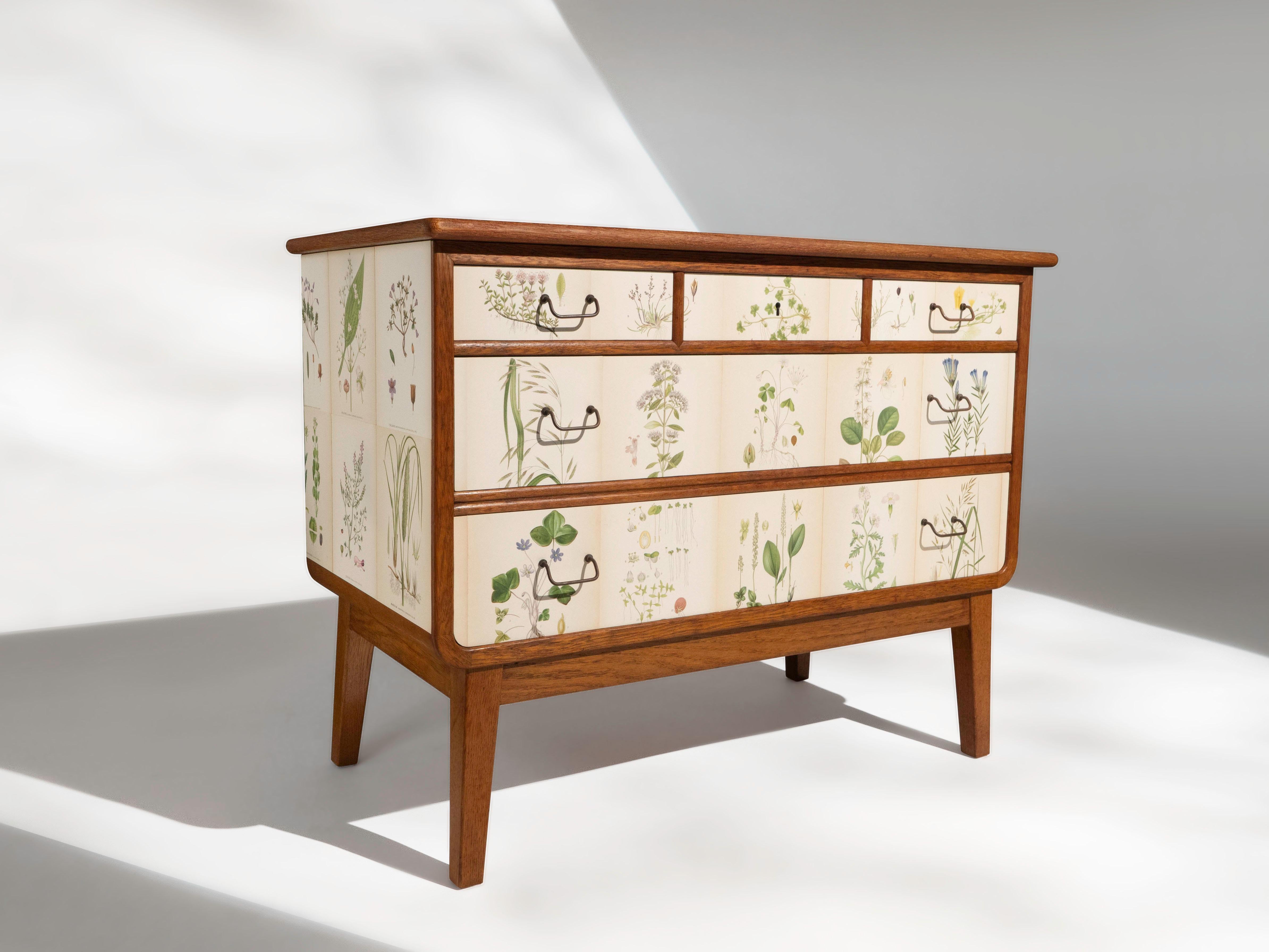 20th Century Swedish Oak 5 Drawer Dresser with Norden's Flora Illustrations Josef Frank Style For Sale