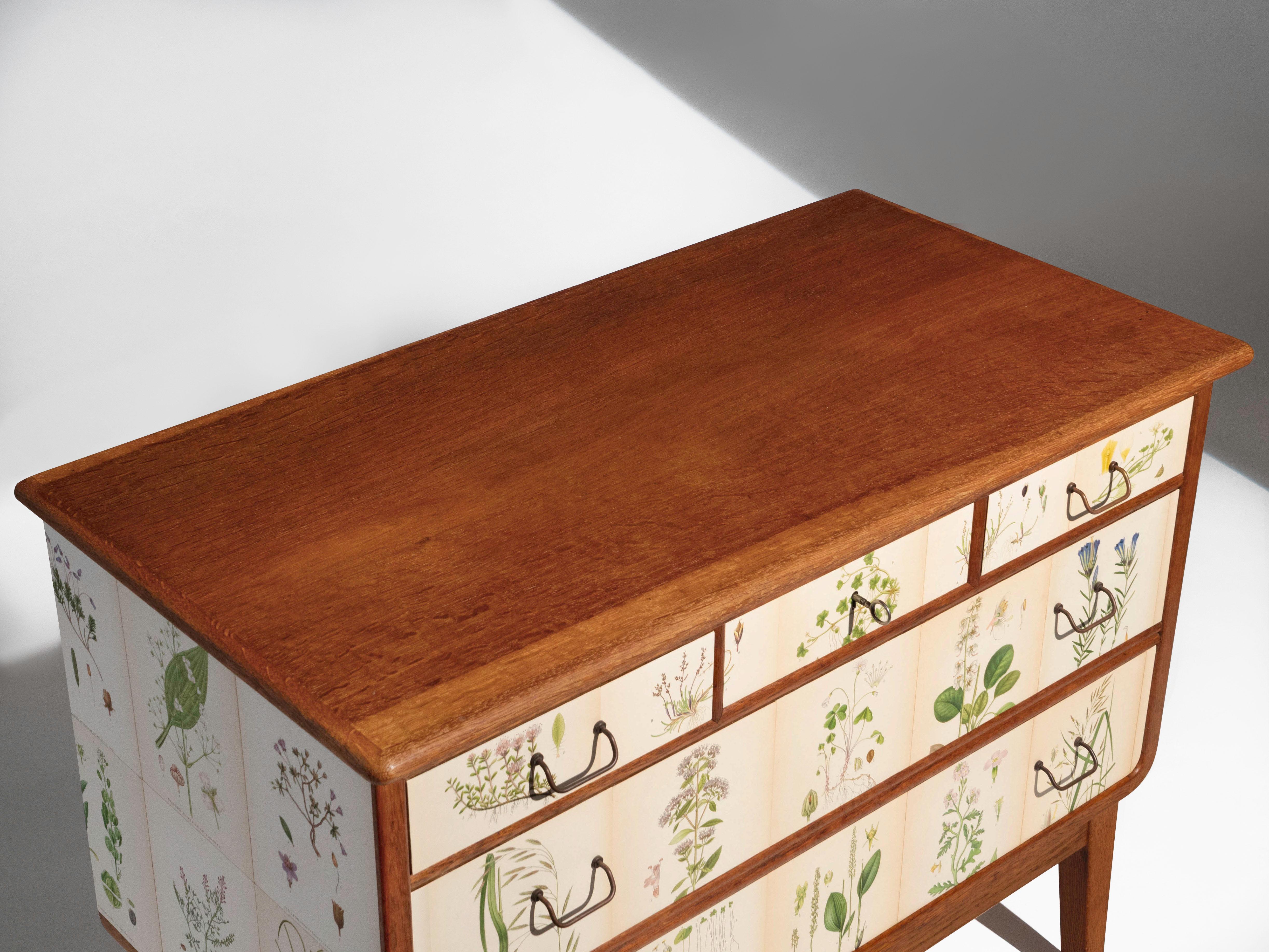 Swedish Oak 5 Drawer Dresser with Norden's Flora Illustrations Josef Frank Style For Sale 1