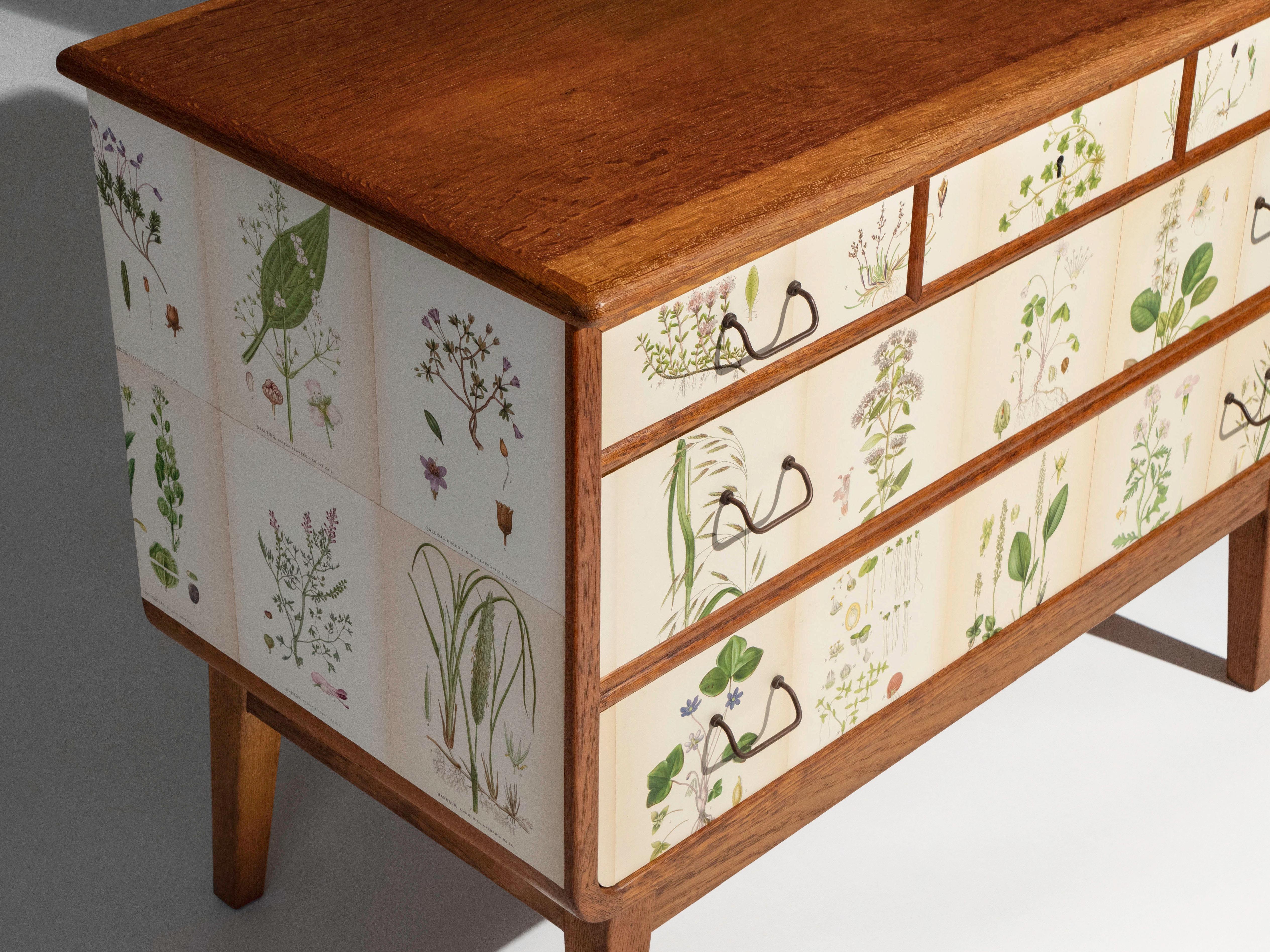 Swedish Oak 5 Drawer Dresser with Norden's Flora Illustrations Josef Frank Style For Sale 4