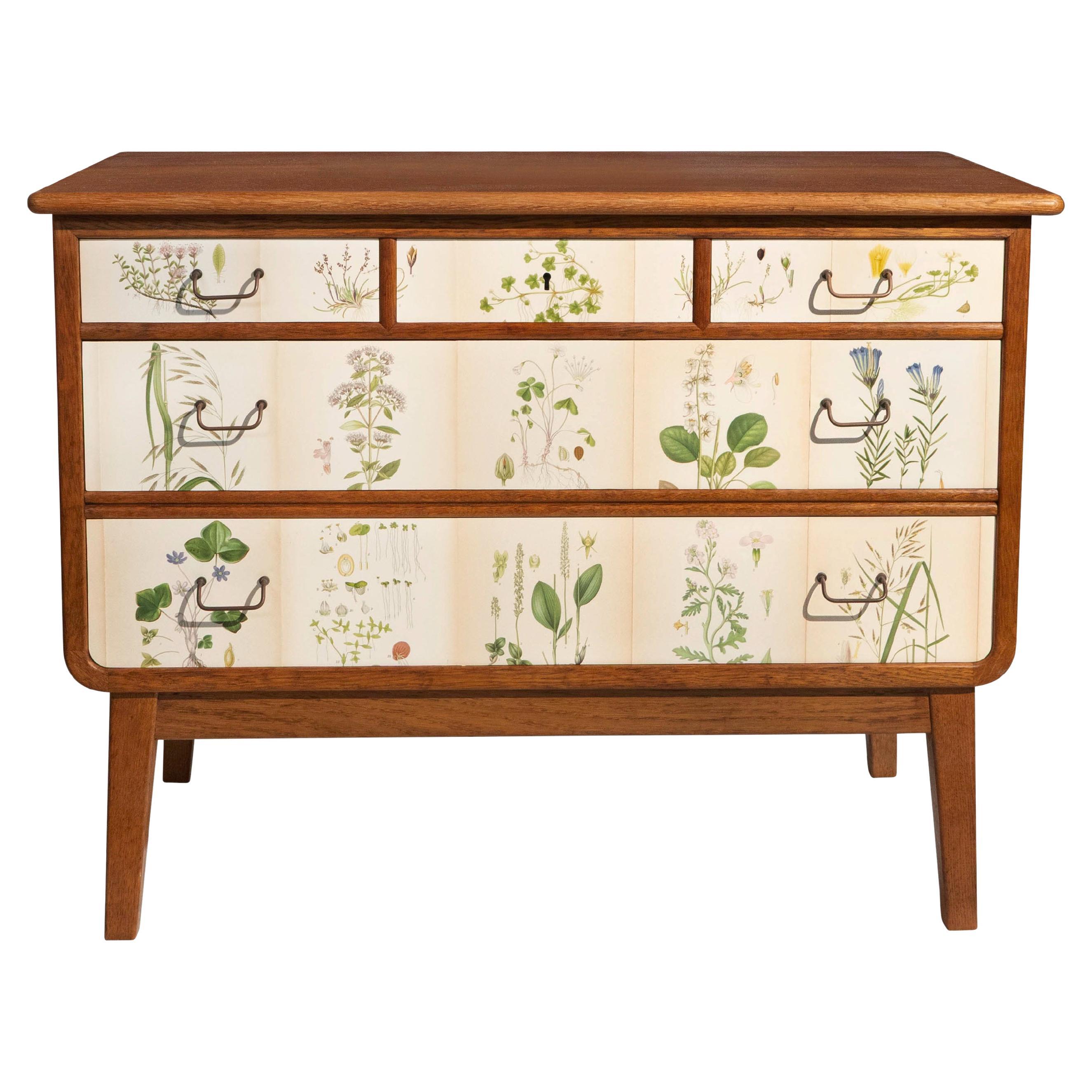 Swedish Oak 5 Drawer Dresser with Norden's Flora Illustrations Josef Frank Style