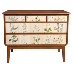 Swedish Oak 5 Drawer Dresser with Norden's Flora Illustrations Josef Frank Style