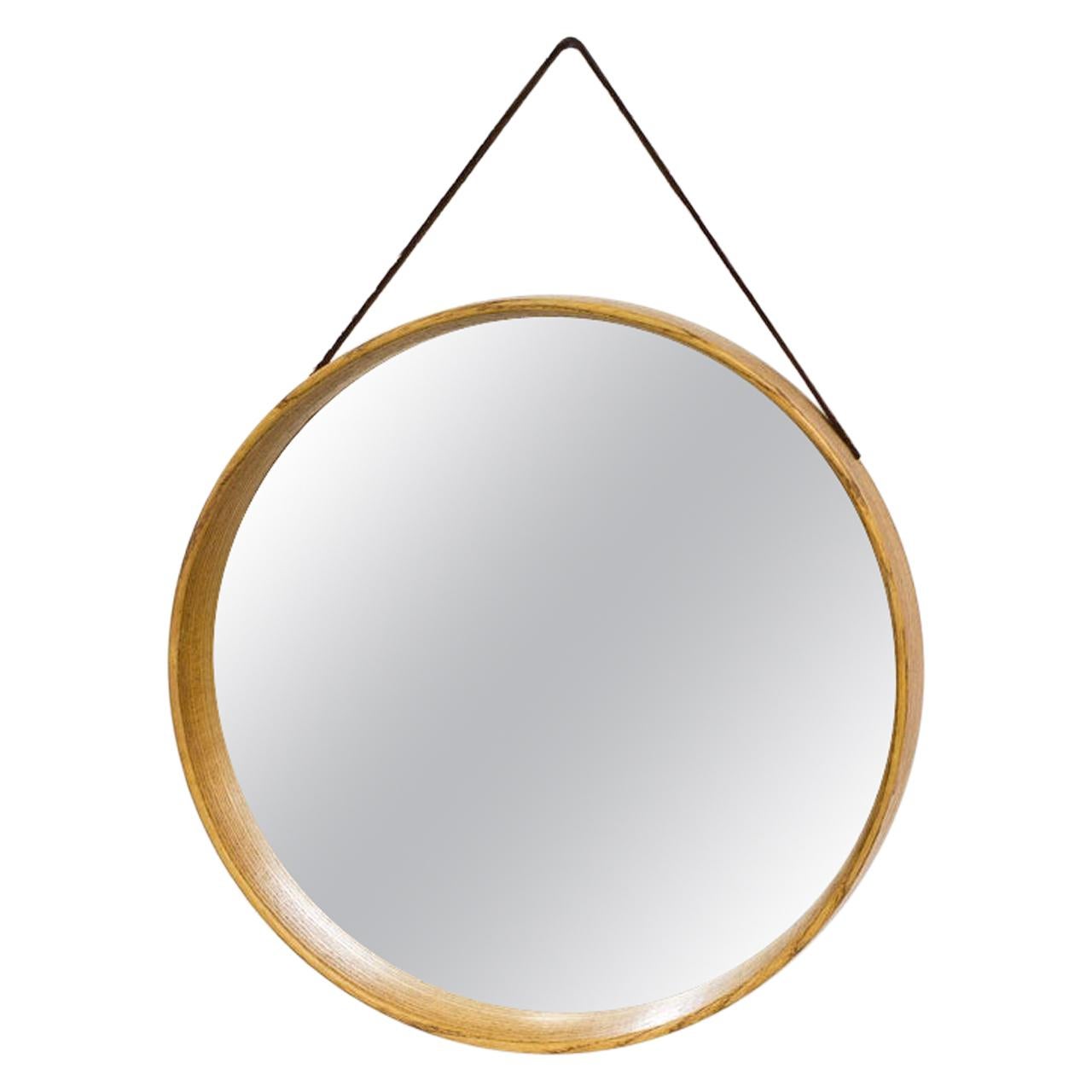 Swedish Oak and Leather Round Wall Mirror, 1950s