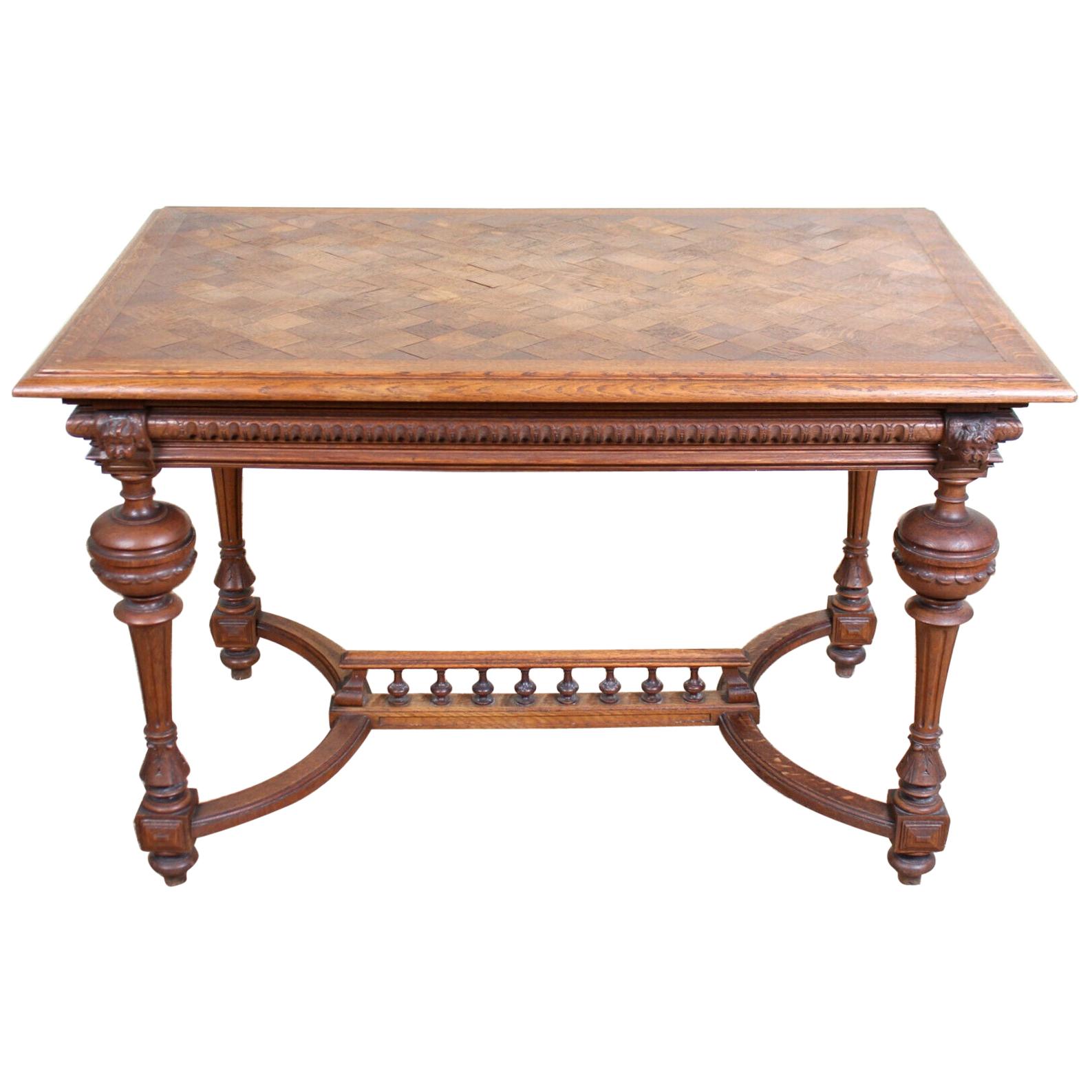 Swedish Oak Parquetry Dining or Library Table Carved, 19th Century