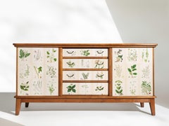 Swedish Oak Sideboard Cabinet with Nordens Flora Illustrations, circa 1950's