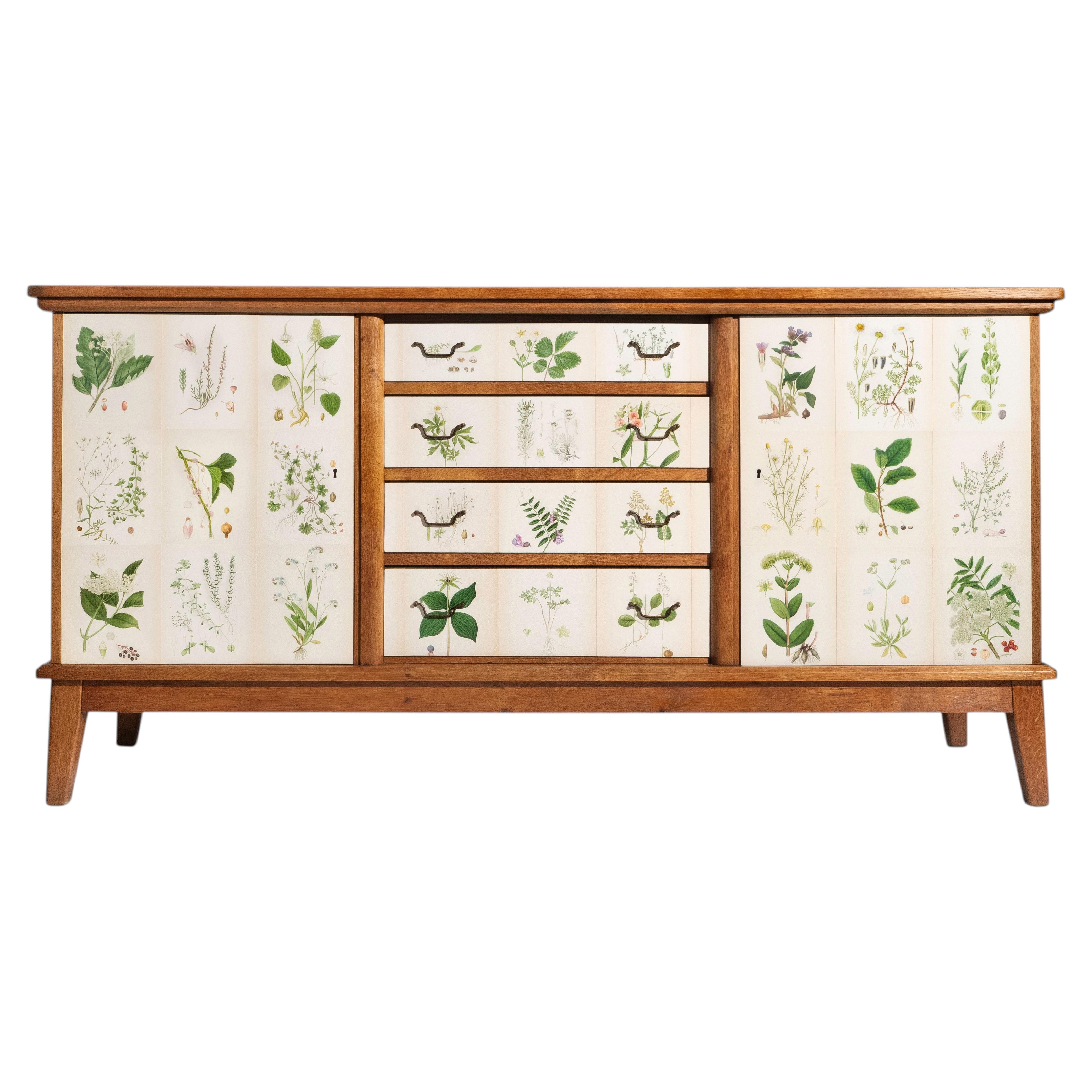 Swedish Oak Sideboard Cabinet with Nordens Flora Illustrations, circa 1950's