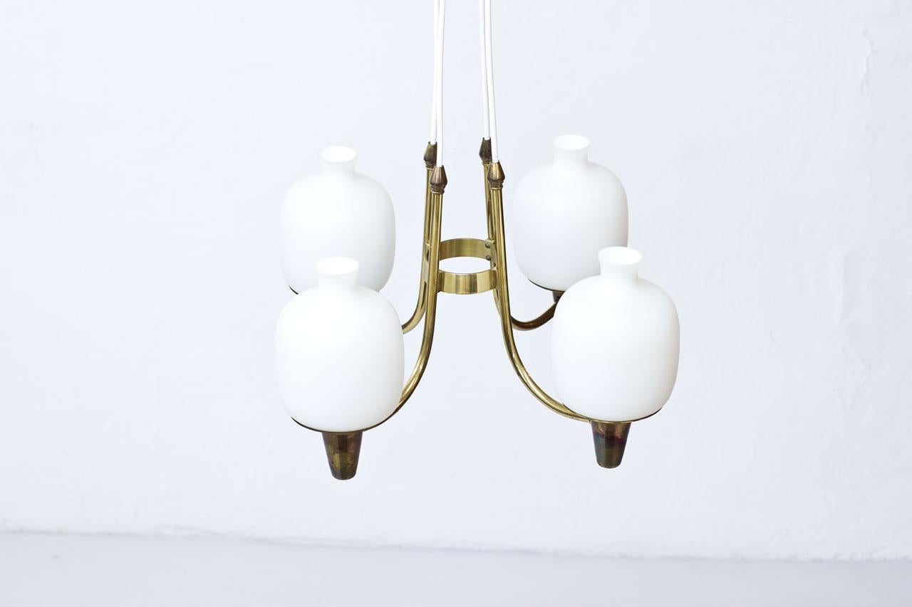Swedish Opaline Glass and Brass Ceiling Lamp, 1950s In Good Condition In Stockholm, SE