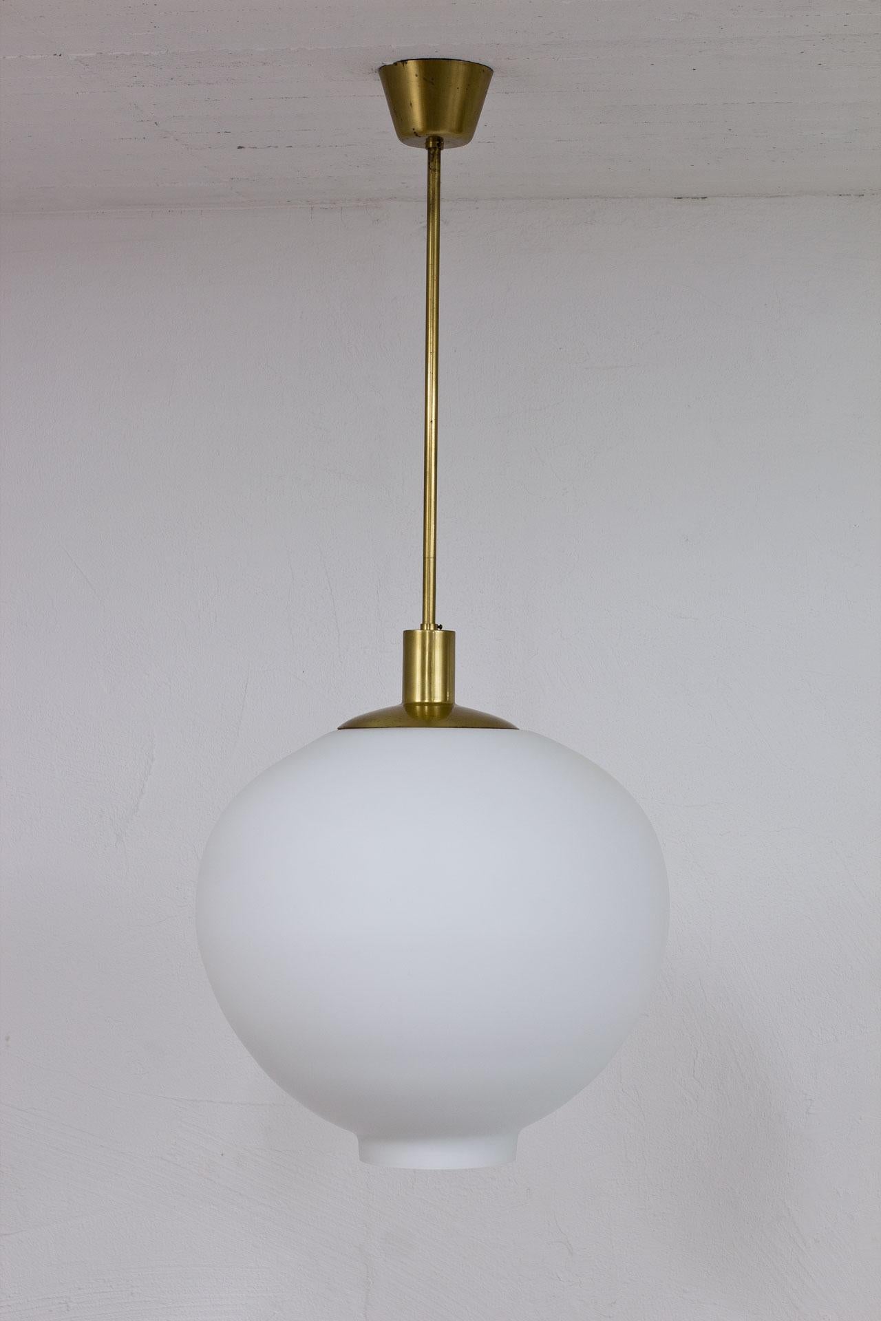 Swedish Opaline Glass & Brass Ceiling Lamp by Uno Westerberg for Böhlmarks In Good Condition In Stockholm, SE
