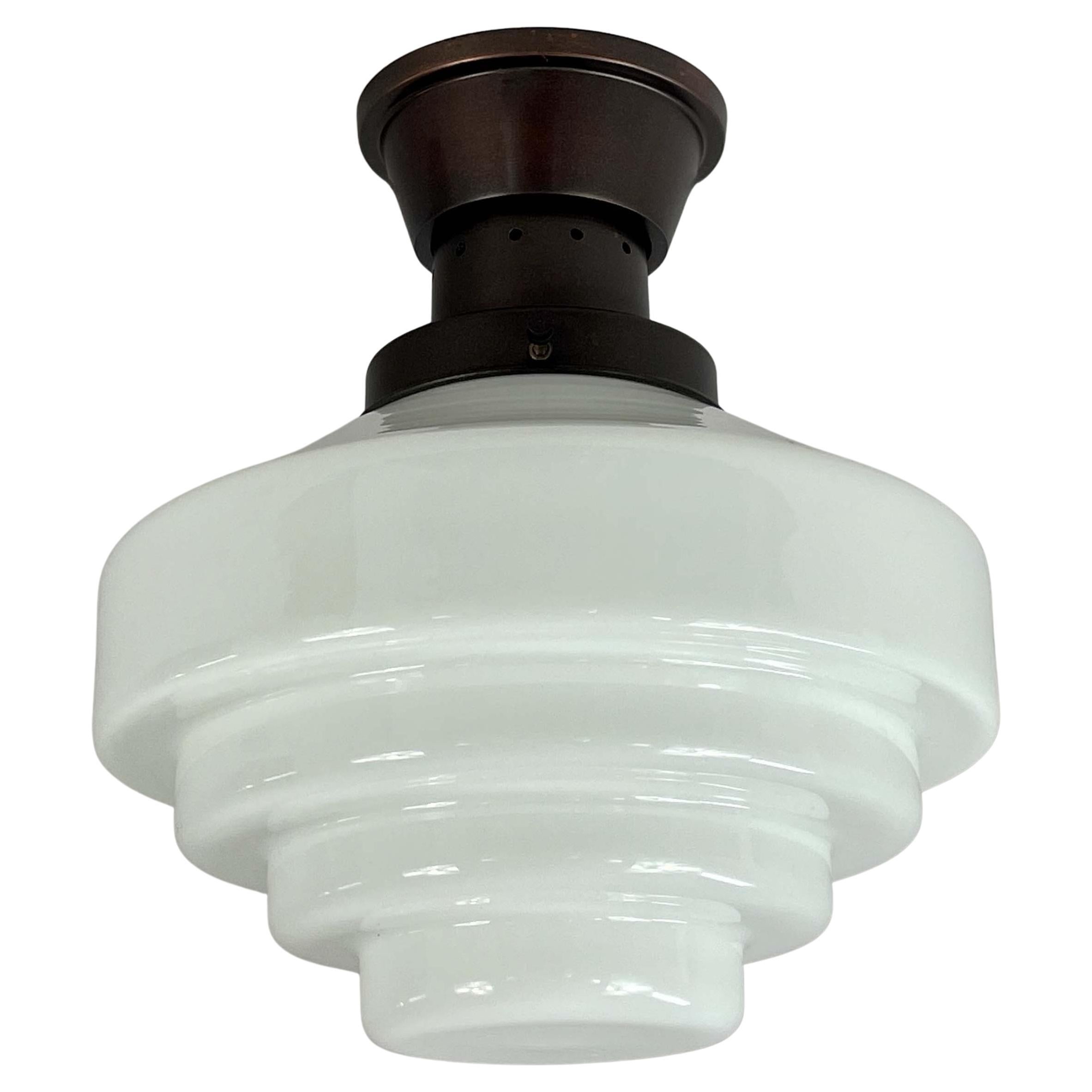Swedish Opaline Glass & Burnished Copper Flush Mount, 1940s