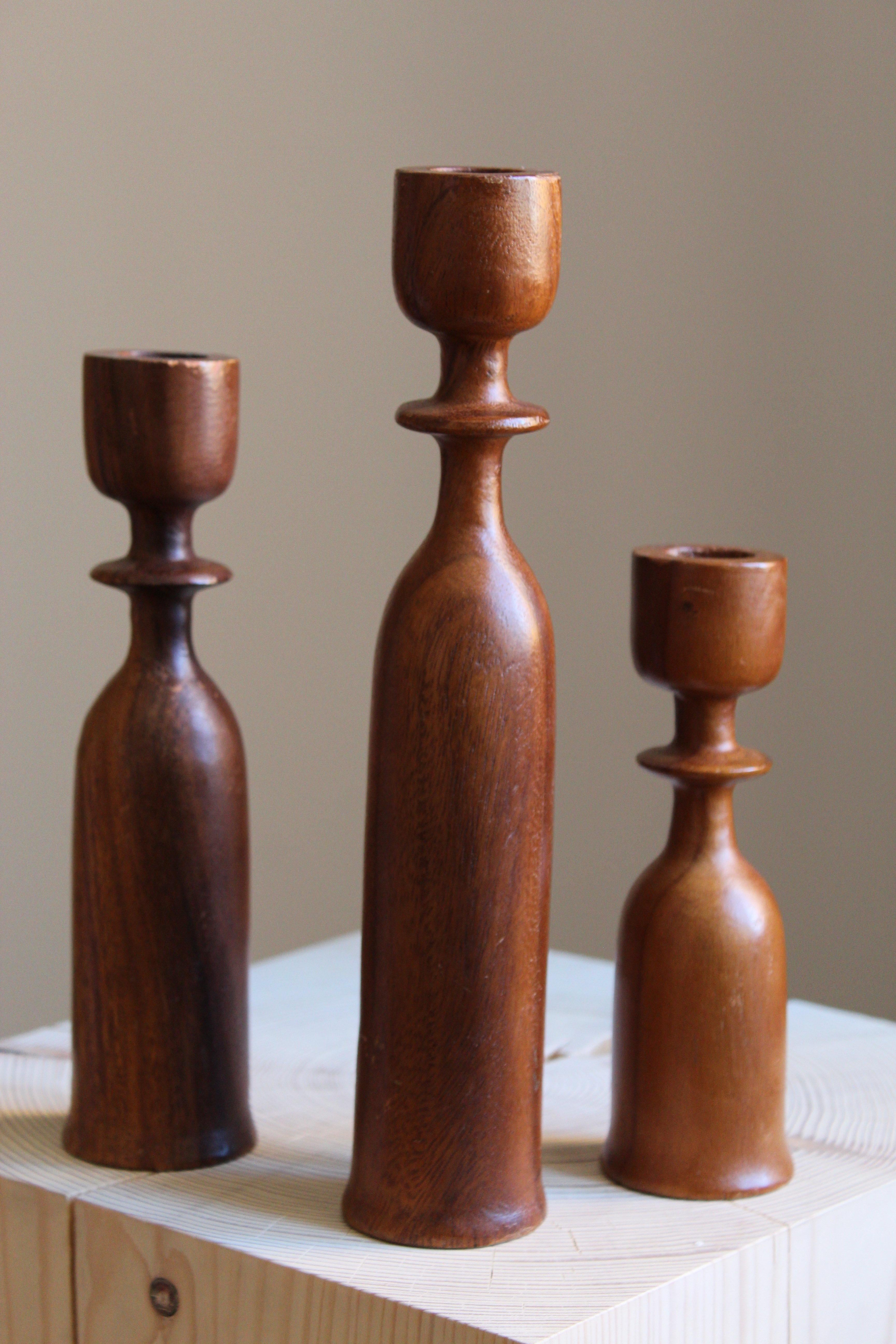 Swedish, Organic Candlesticks, Turned Teak, Sweden, 1960s In Good Condition In High Point, NC