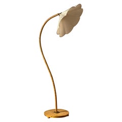 Swedish, Organic Floor Lamp, Brass, Oak, Fabric, 1930s