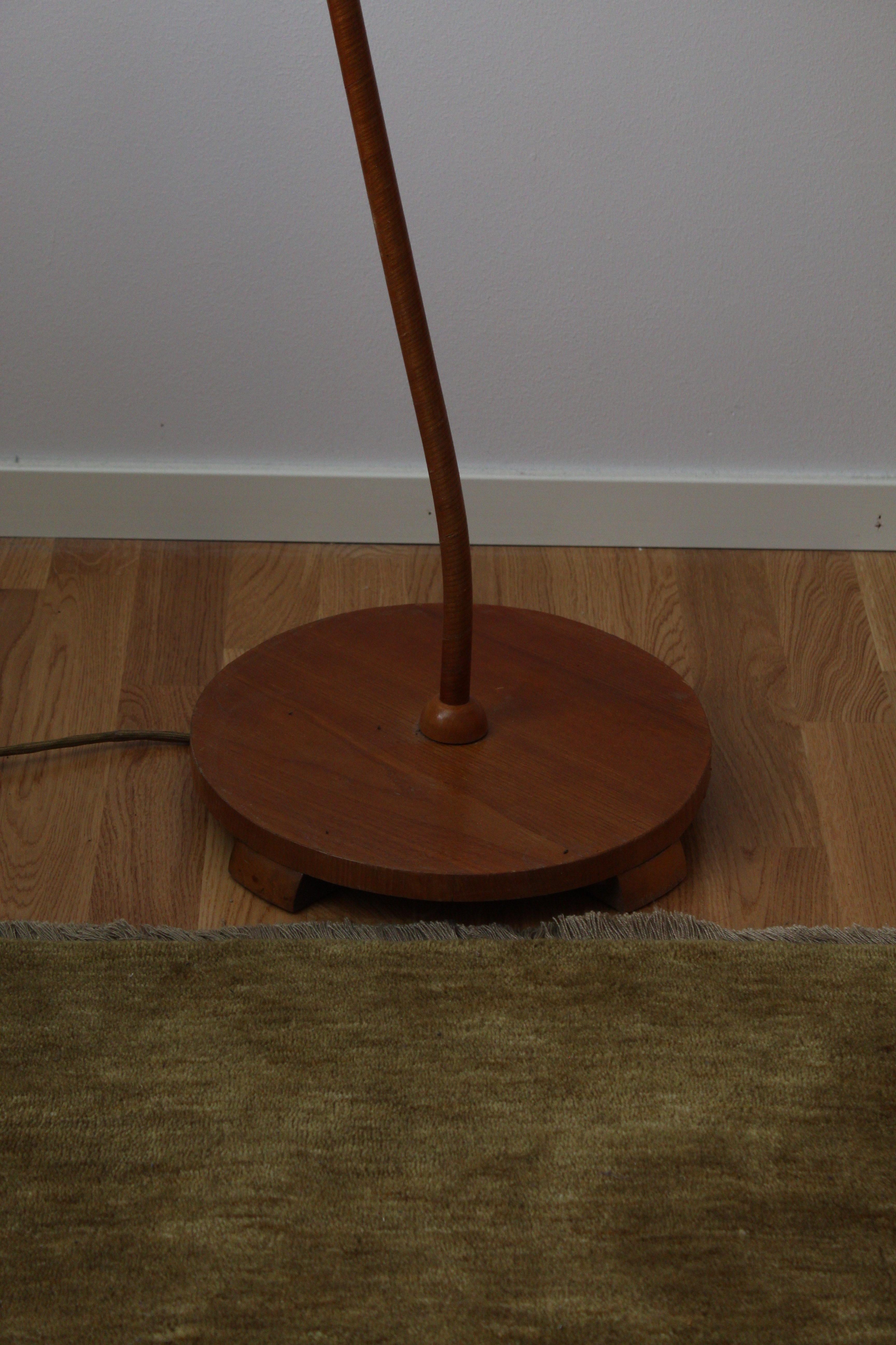 Swedish, Organic Floor Lamp, Brass, Wood, fabric, 1930s In Good Condition In High Point, NC