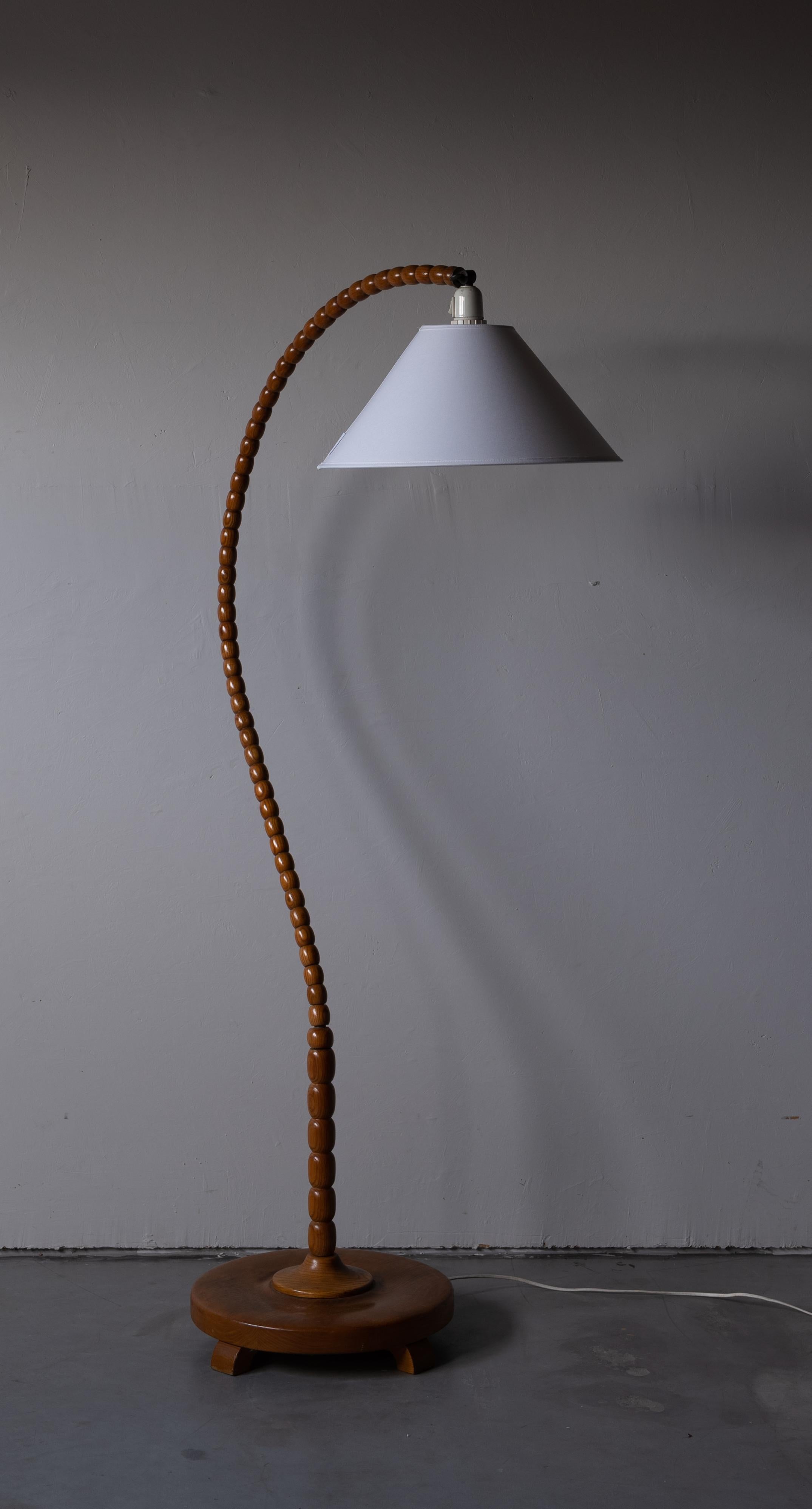 Swedish, Organic Floor Lamp, Brass, Wood, Fabric, 1940s In Good Condition In High Point, NC