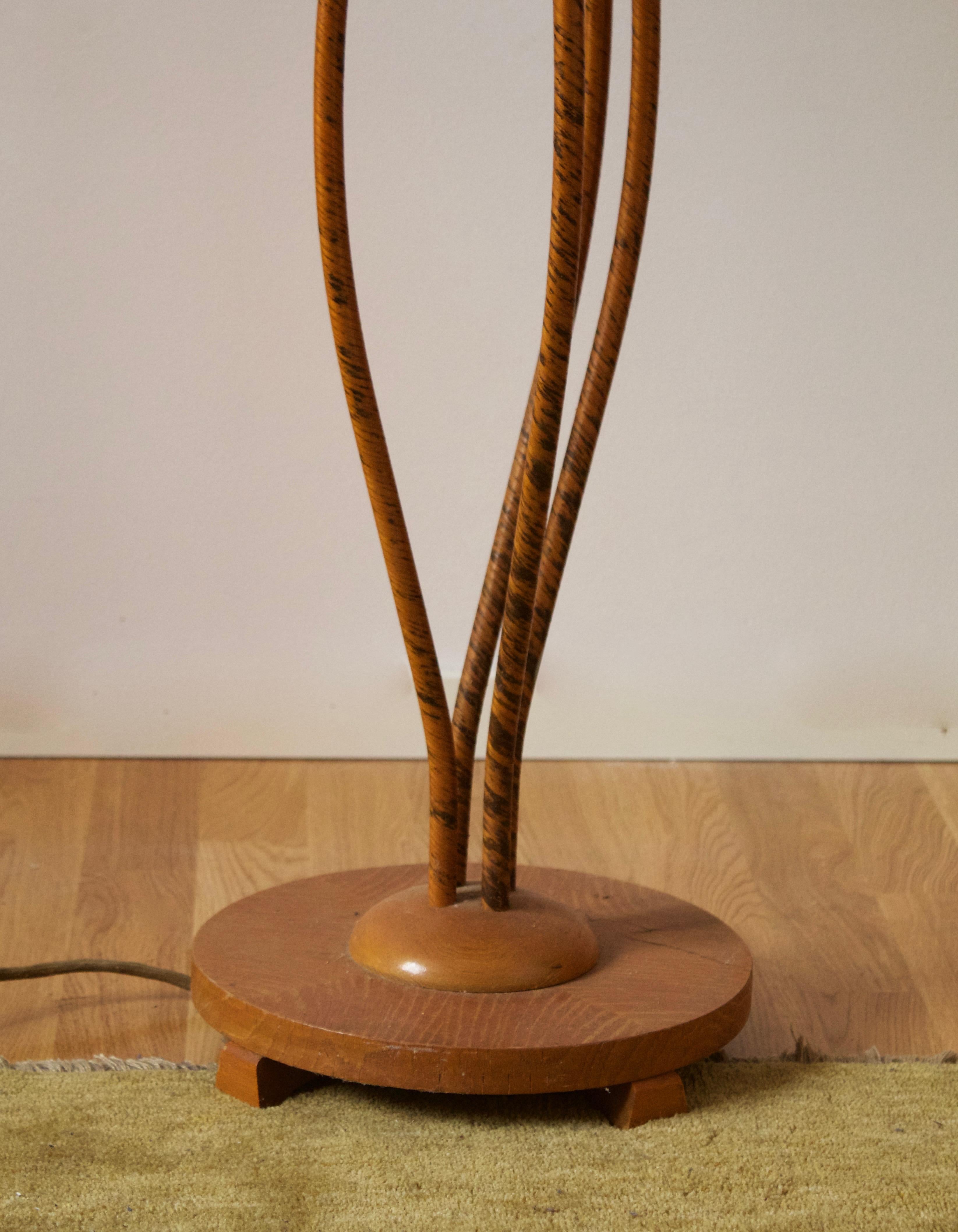 Swedish, Organic Floor Lamp, Brass, Wrapped Wood Veneer, Fabric, 1930s In Good Condition In High Point, NC