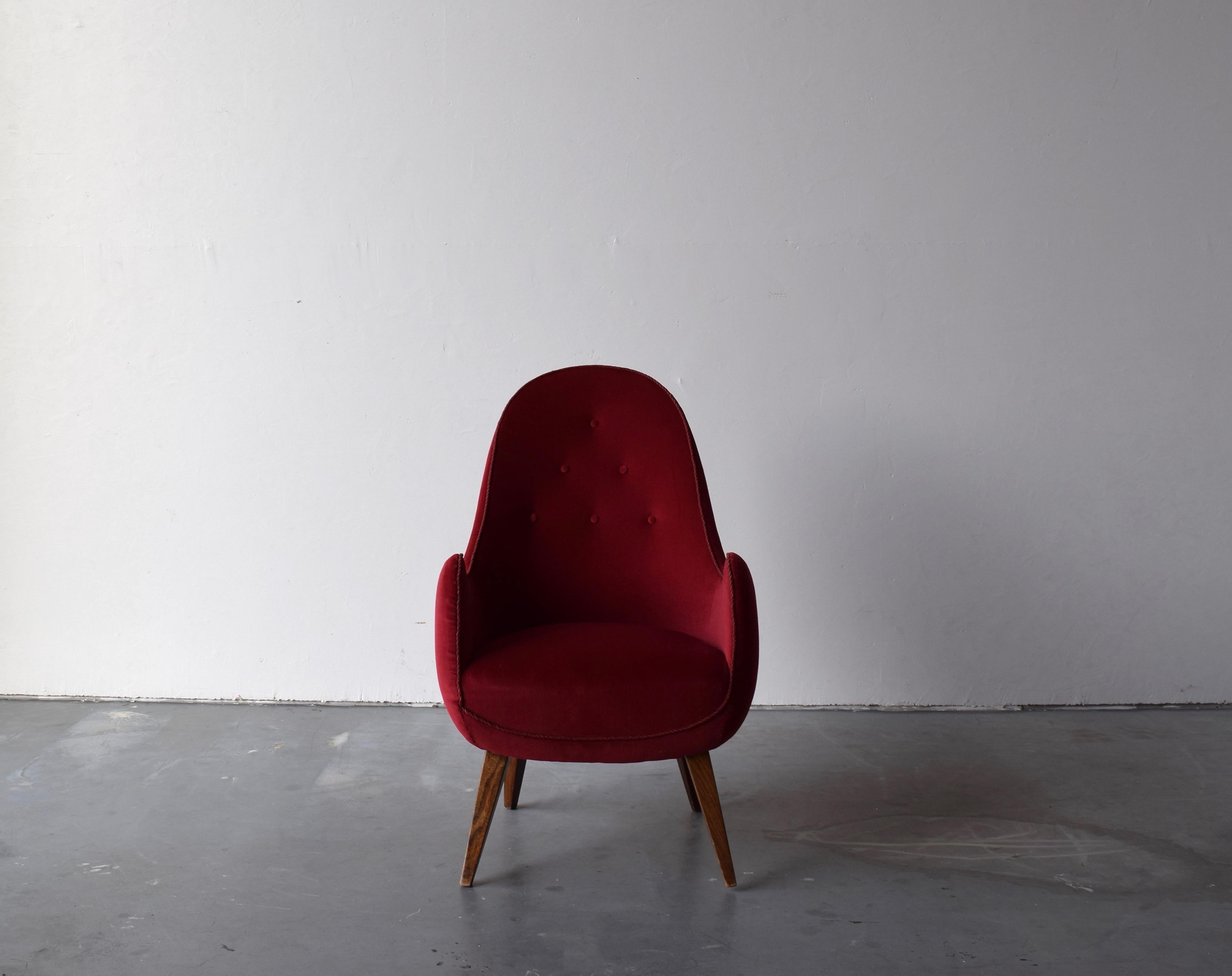 Mid-Century Modern Swedish, Organic Lounge Chair, Red Velvet, Stained Pine, Sweden, 1950s