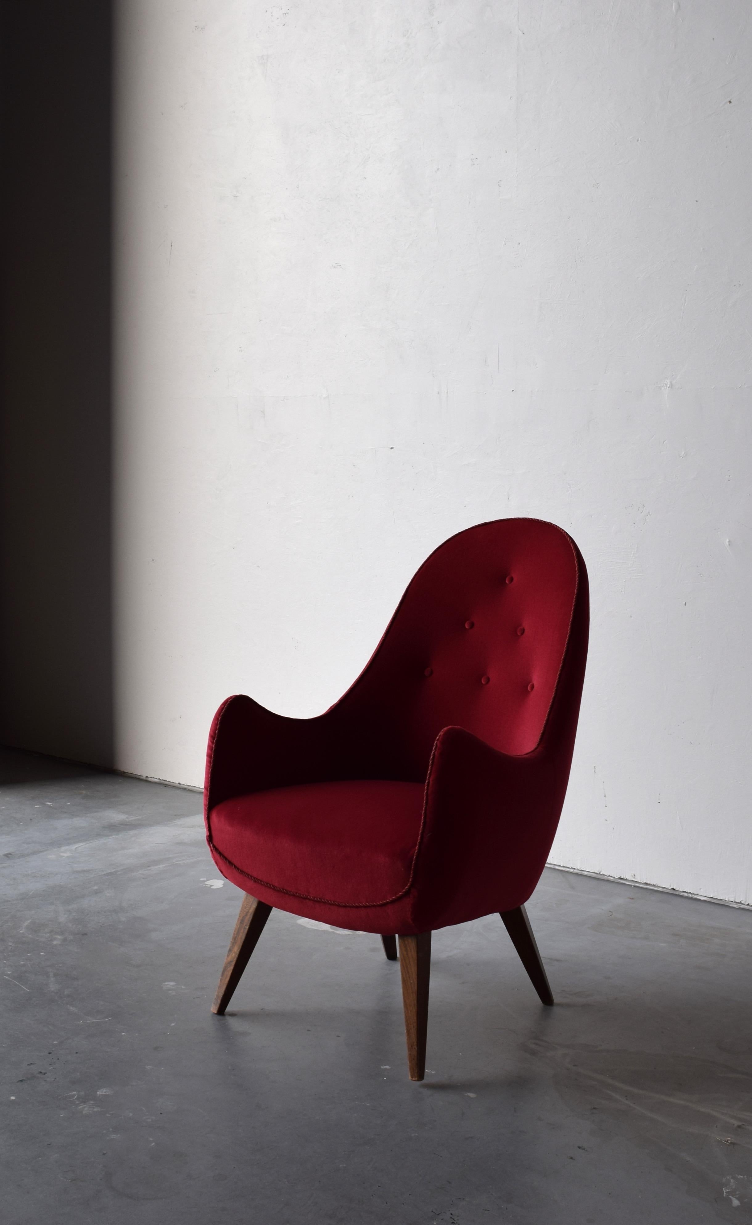 Swedish, Organic Lounge Chair, Red Velvet, Stained Pine, Sweden, 1950s 1
