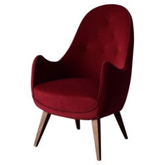 Swedish, Organic Lounge Chair, Red Velvet, Stained Pine, Sweden, 1950s