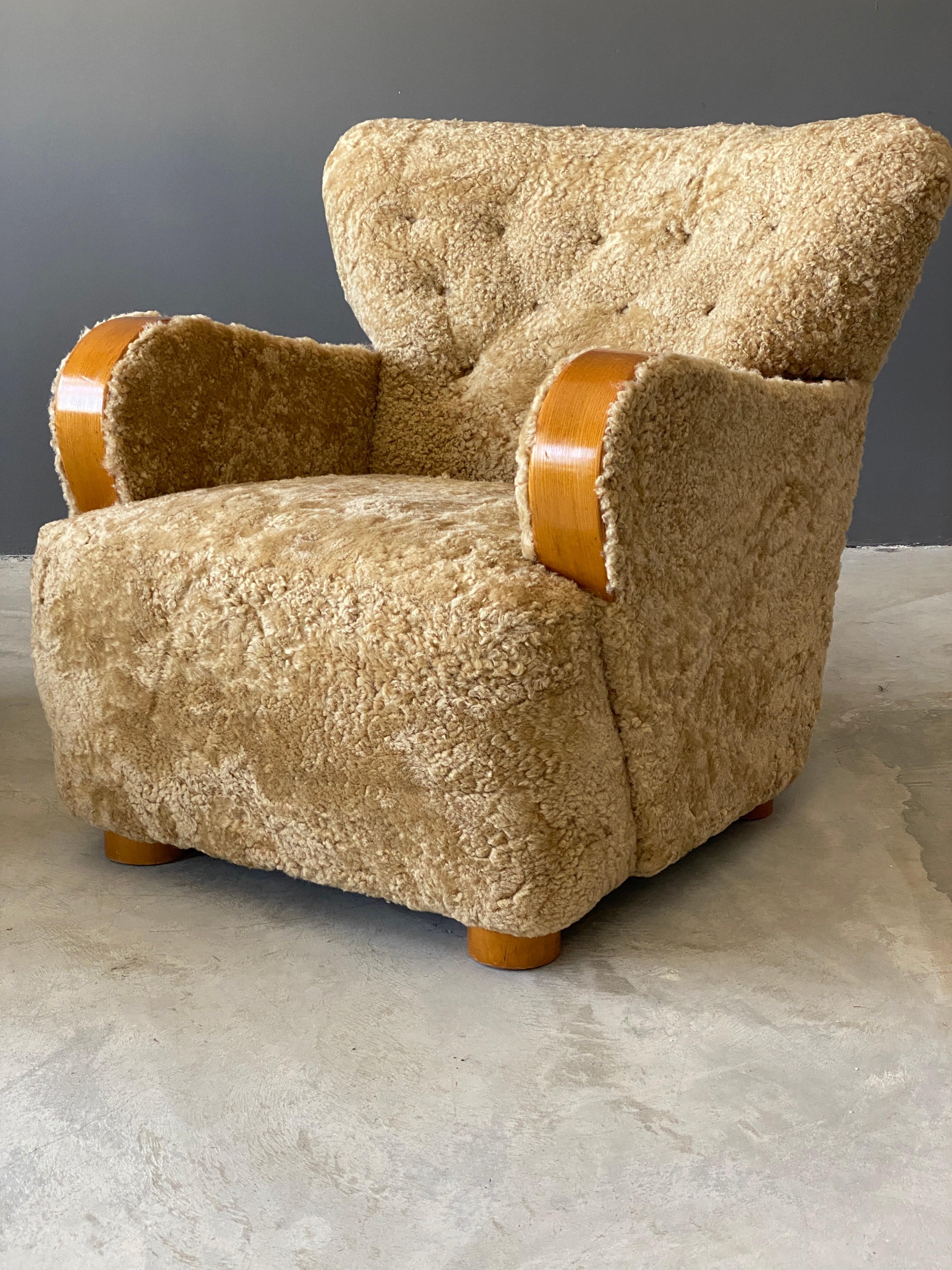 Scandinavian Modern Swedish, Organic Lounge Chairs, Sheepskin, Beech, Sweden, 1930s