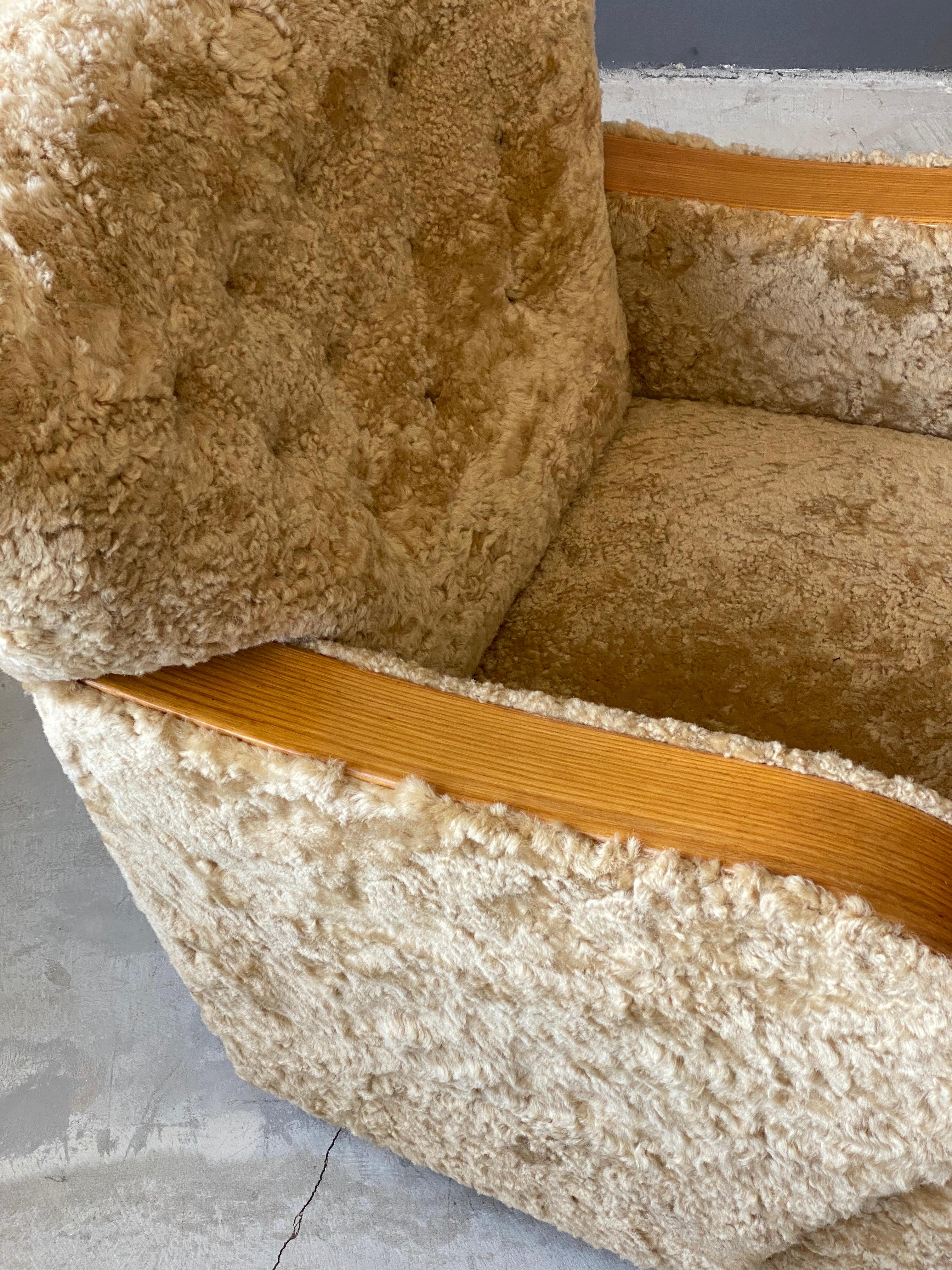 Mid-20th Century Swedish, Organic Lounge Chairs, Sheepskin, Beech, Sweden, 1930s