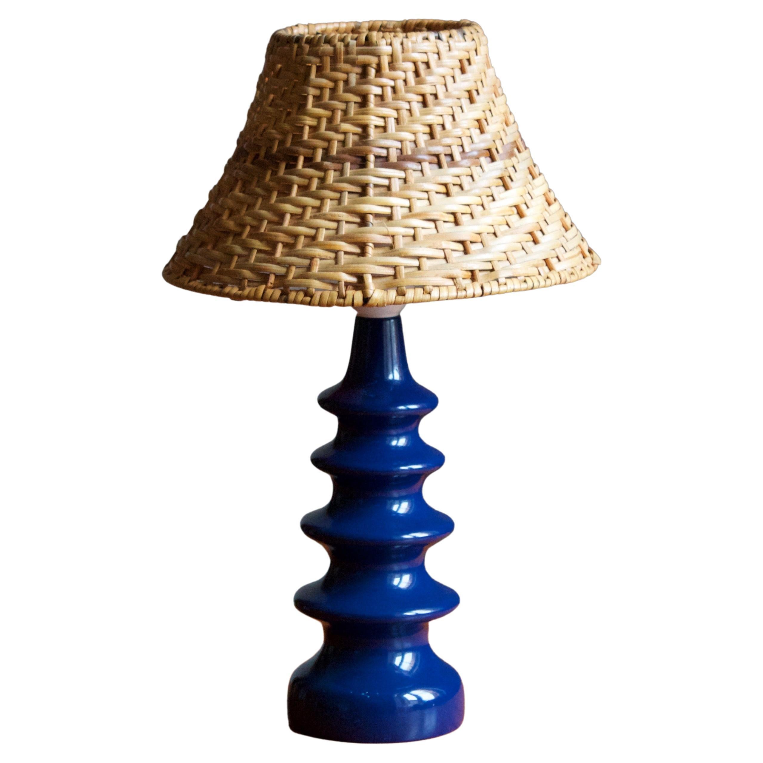 Swedish, Organic Table Lamp, Blue-Lacquered Wood, Rattan, Sweden, 1970s