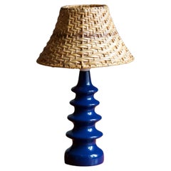 Swedish, Organic Table Lamp, Blue-Lacquered Wood, Rattan, Sweden, 1970s