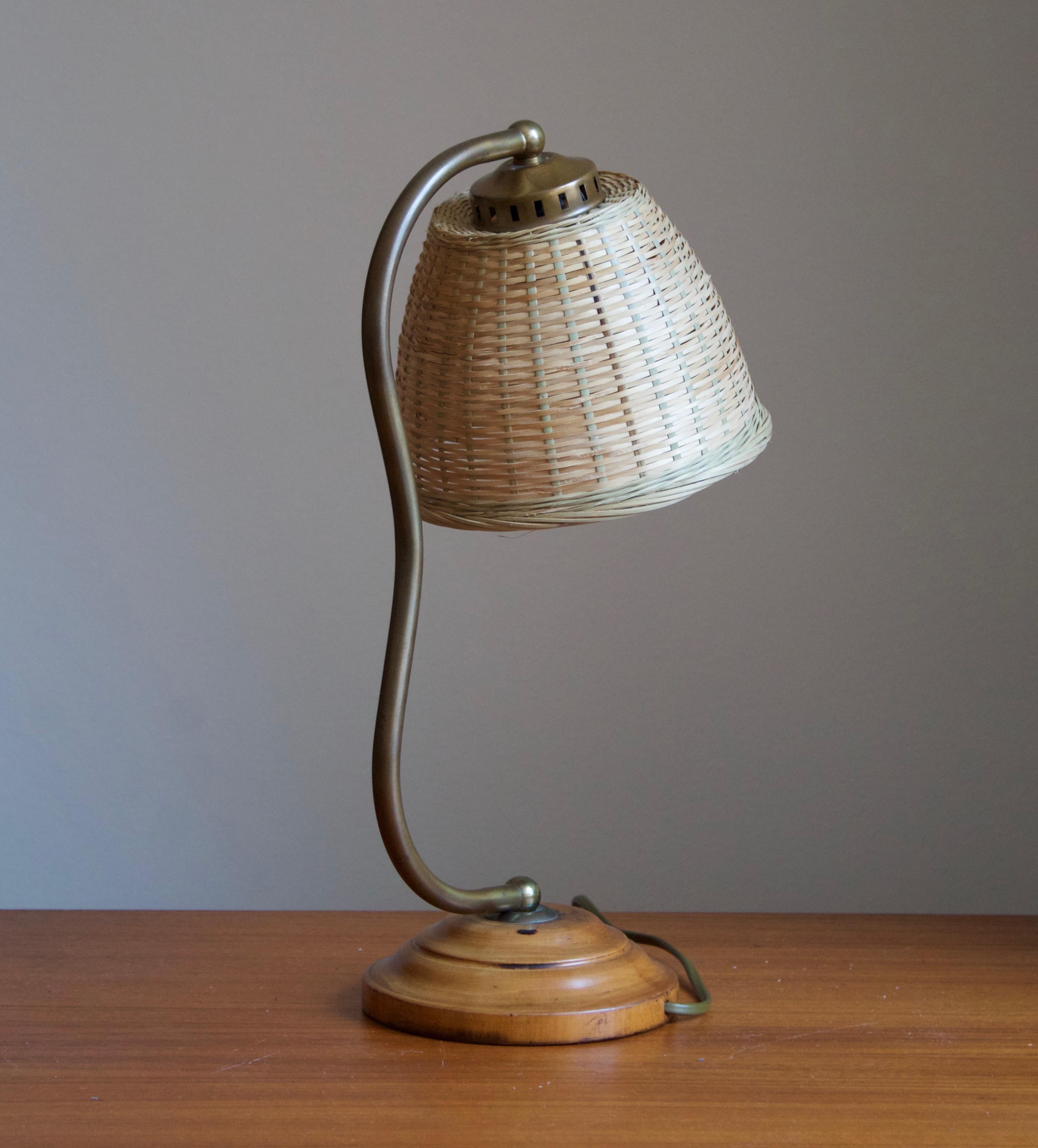 Scandinavian Modern Swedish, Organic Table Lamp, Brass, Wood, Rattan, Sweden, 1930s