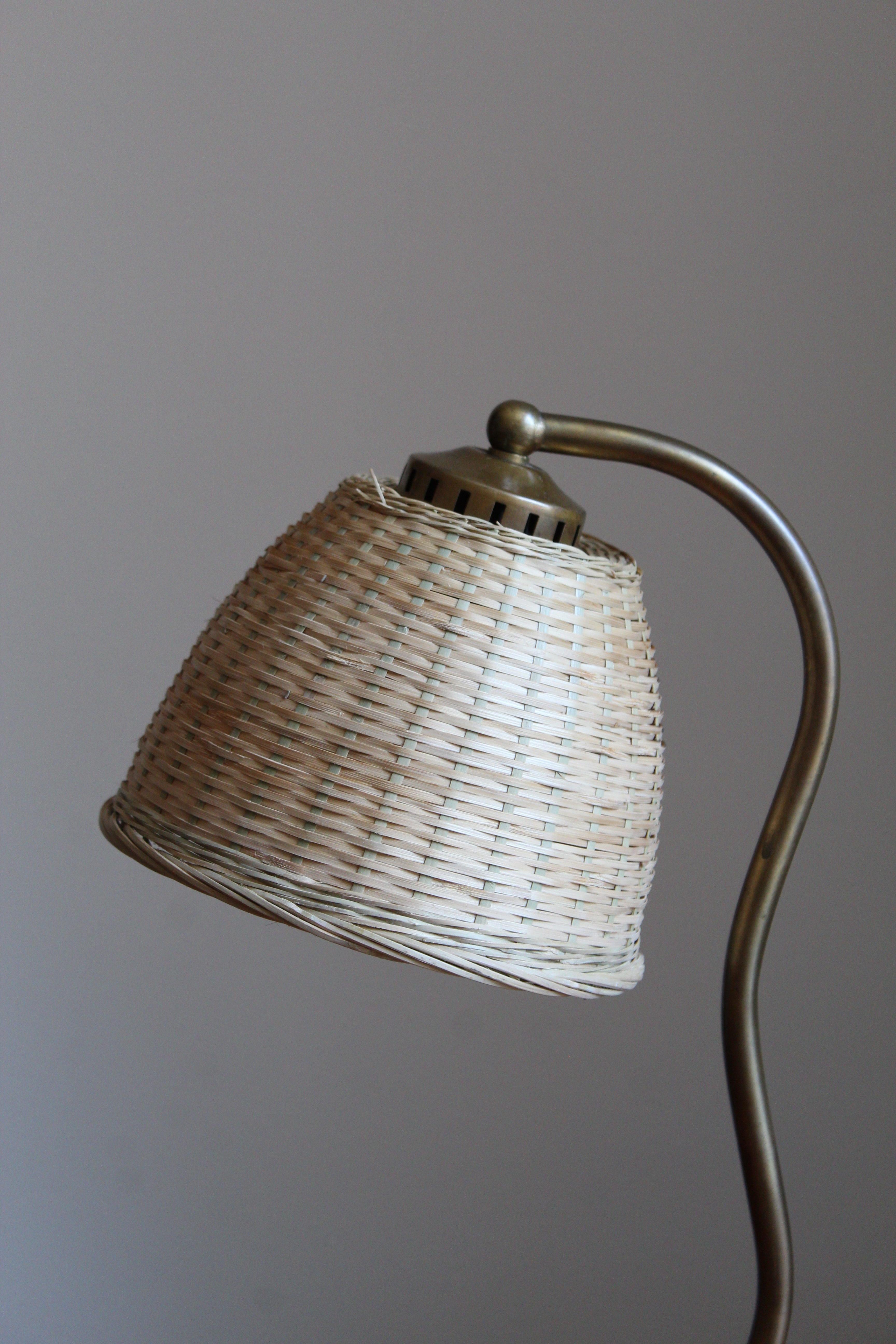 Swedish, Organic Table Lamp, Brass, Wood, Rattan, Sweden, 1930s In Good Condition In High Point, NC