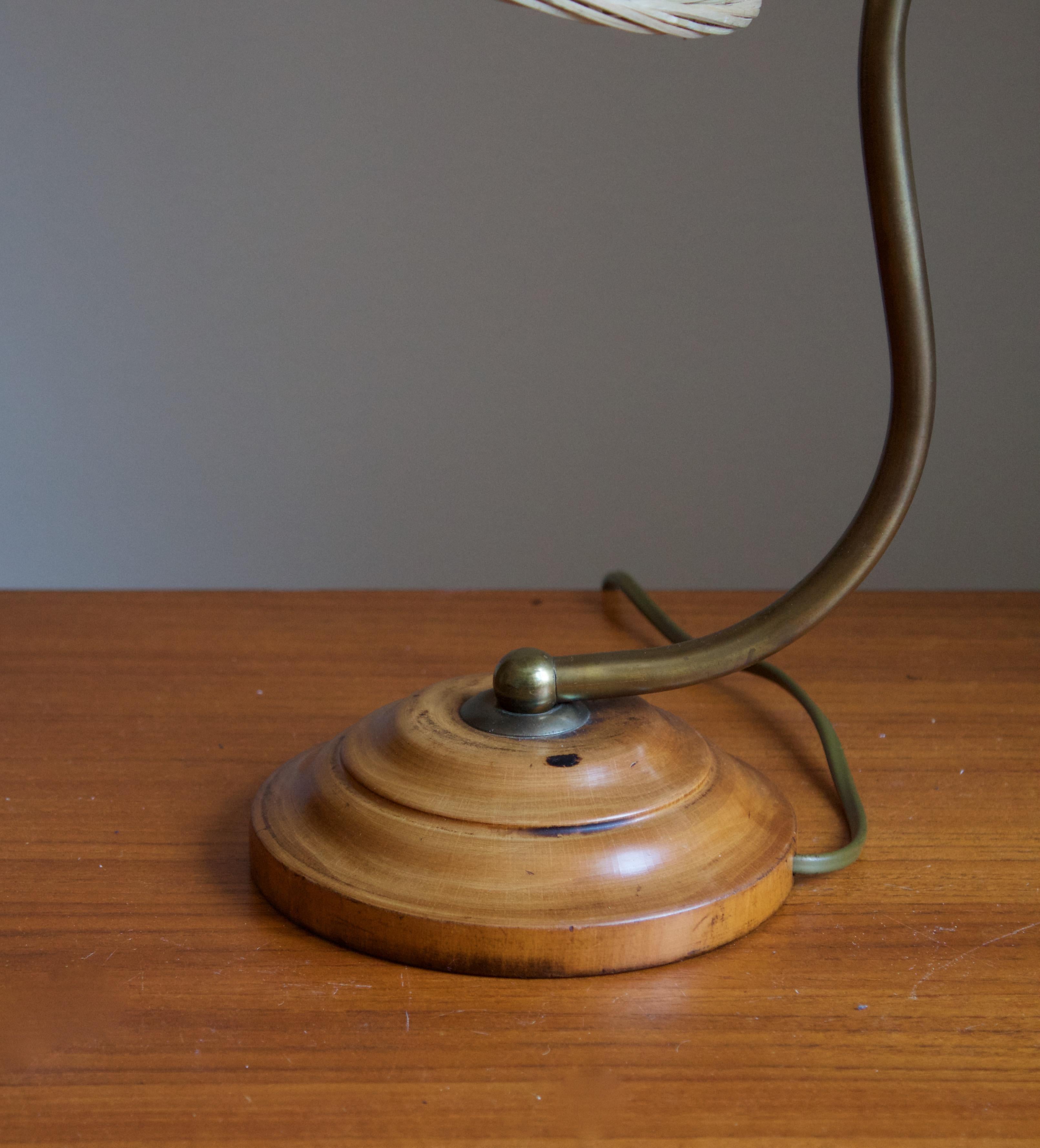 Mid-20th Century Swedish, Organic Table Lamp, Brass, Wood, Rattan, Sweden, 1930s
