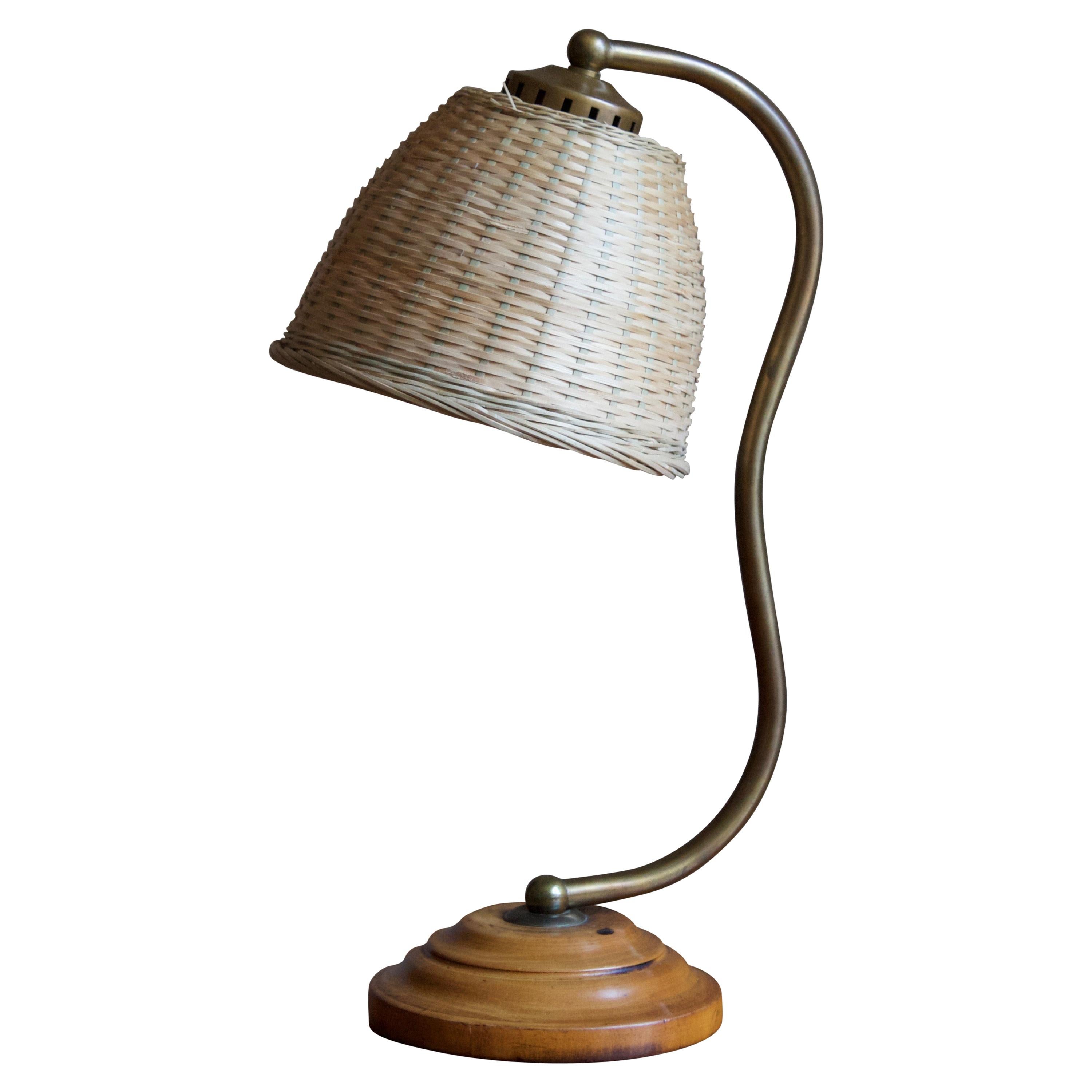 Swedish, Organic Table Lamp, Brass, Wood, Rattan, Sweden, 1930s