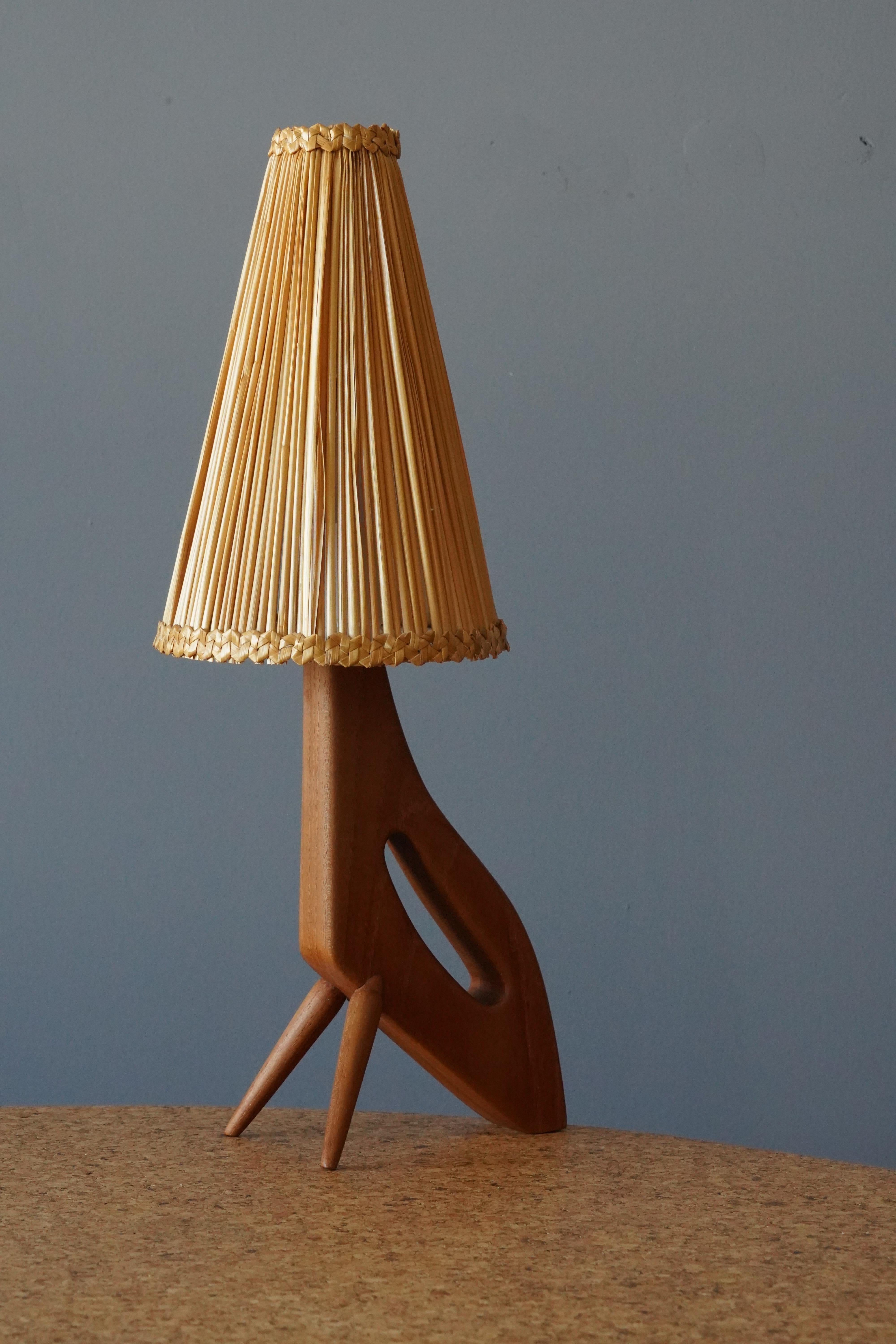 Modern Swedish, Organic Table Lamp, Teak, Rattan, Sweden, 1960s