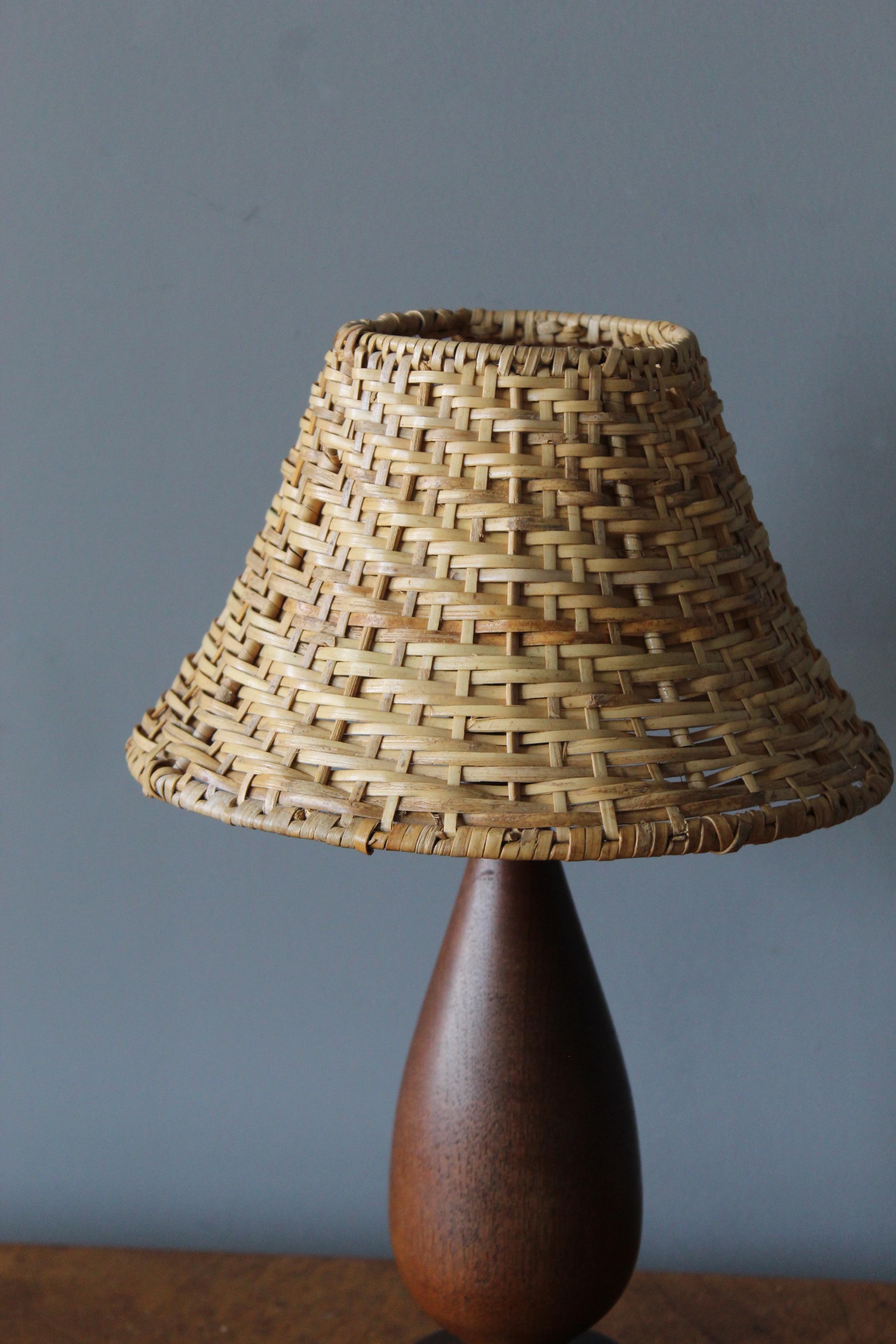 Swedish, Organic Table Lamp, Teak, Rattan, Sweden, 1960s In Good Condition In High Point, NC
