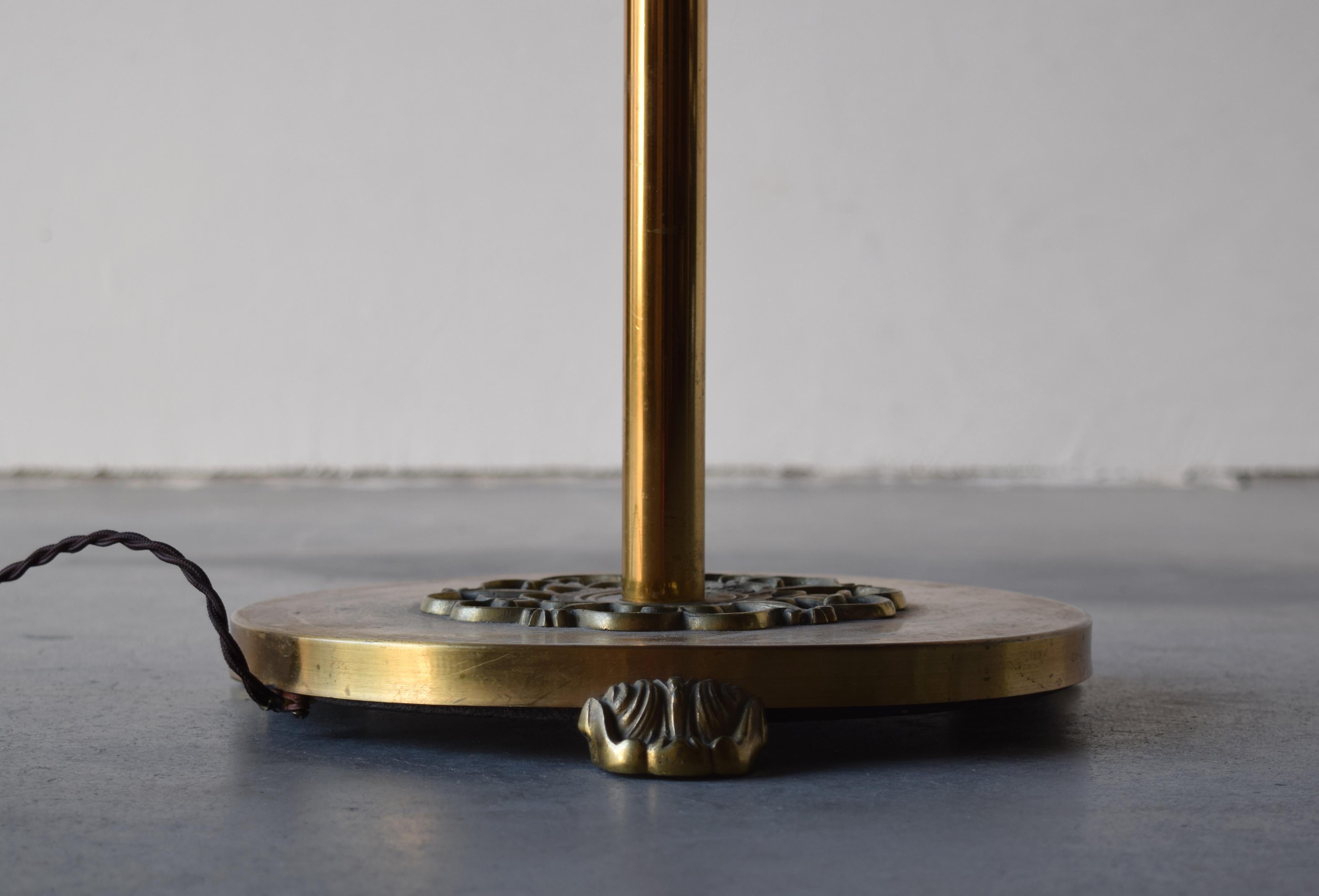 Scandinavian Modern Swedish, Organic Three-Armed Floor Lamp, Brass, Fabric, Sweden, 1940s