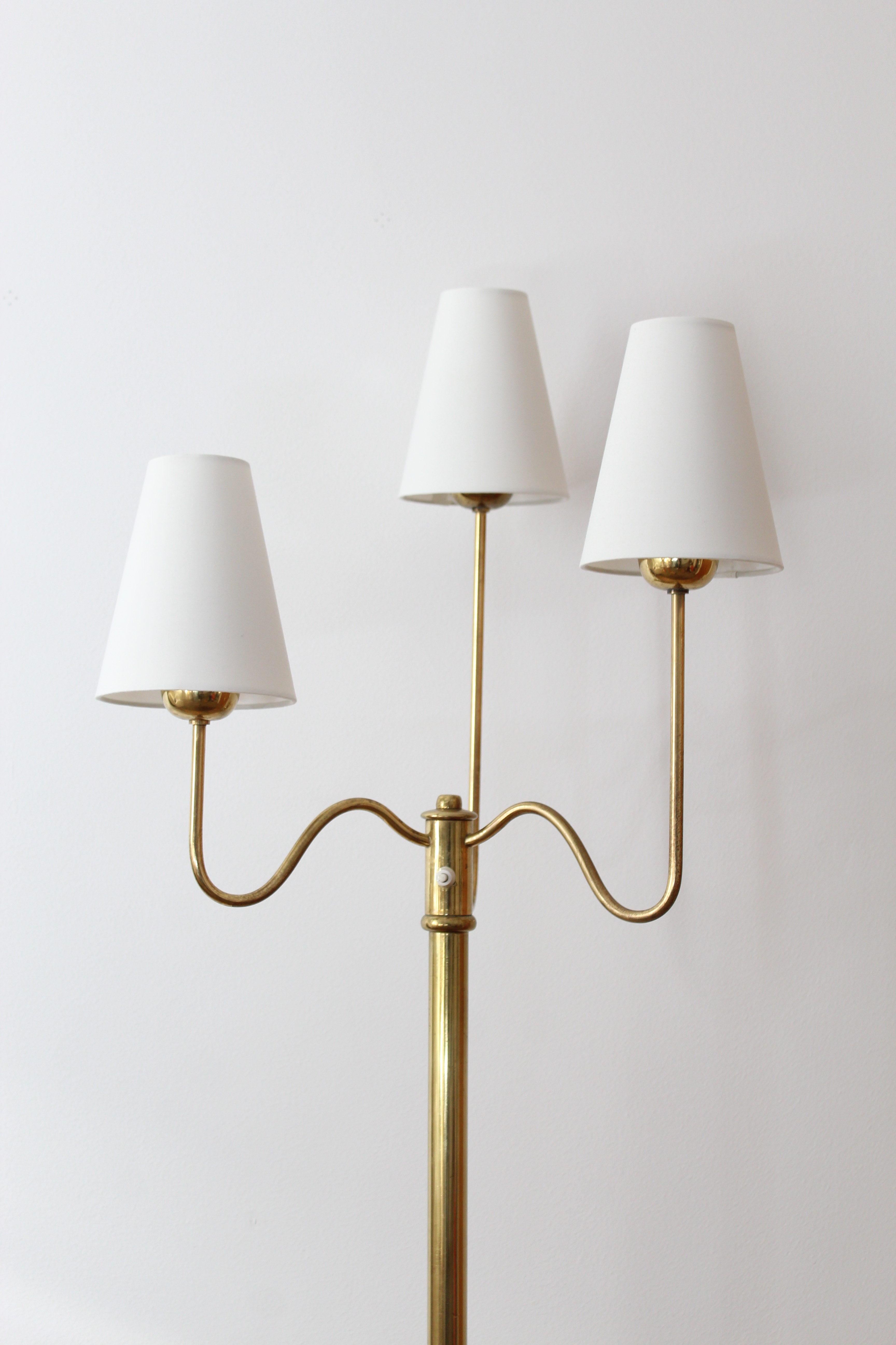 A table lamp, designed and produced in Sweden, 1940s. Features three organic arms. Brand new high-end silk lampshade. 

Other designers of the period include Paavo Tynell, Alvar Aalto, Josef Frank, and Lisa Johansson-Pape.
