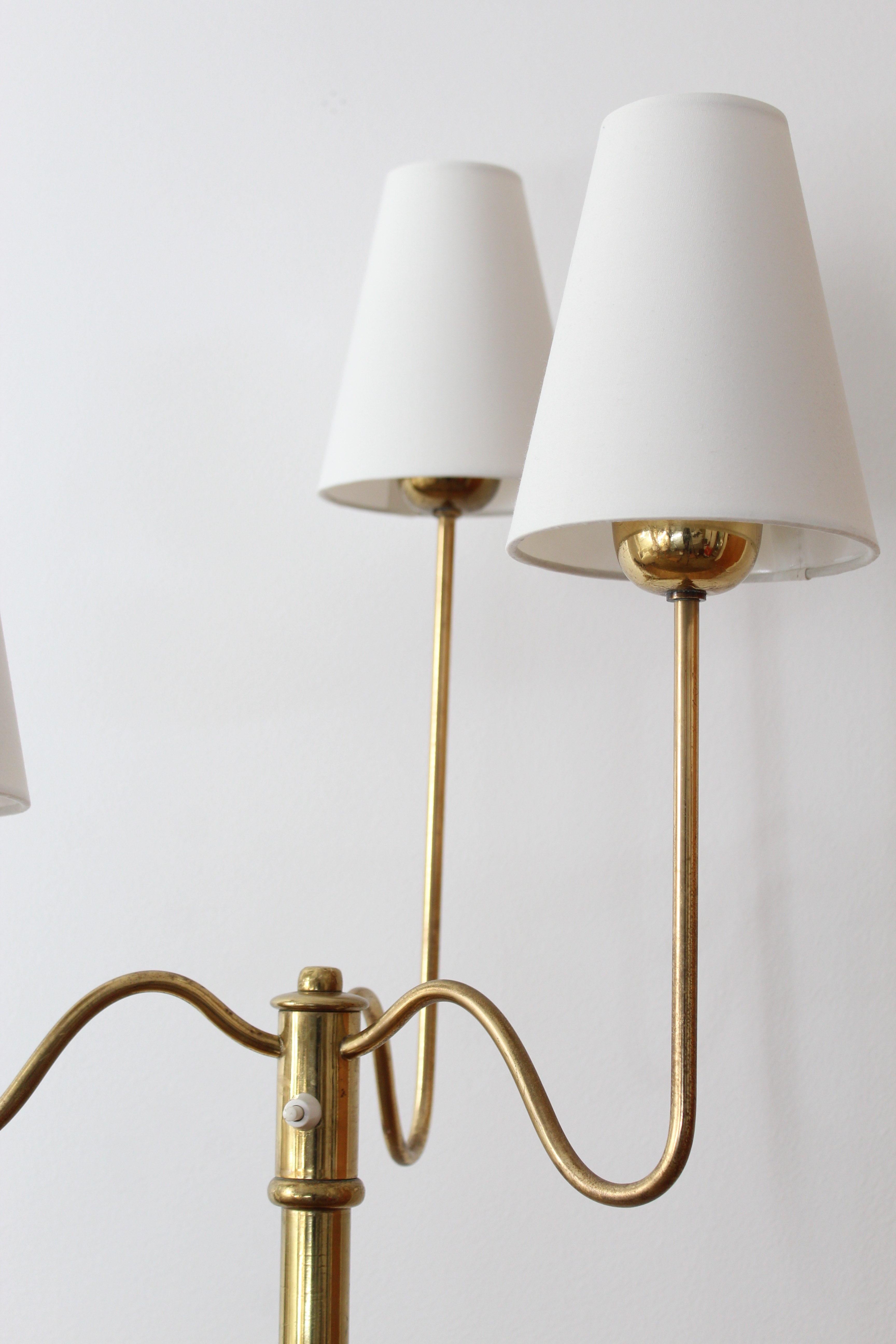 Scandinavian Modern Swedish, Organic Three-Armed Floor Lamp, Brass, Silk, Sweden, 1940s