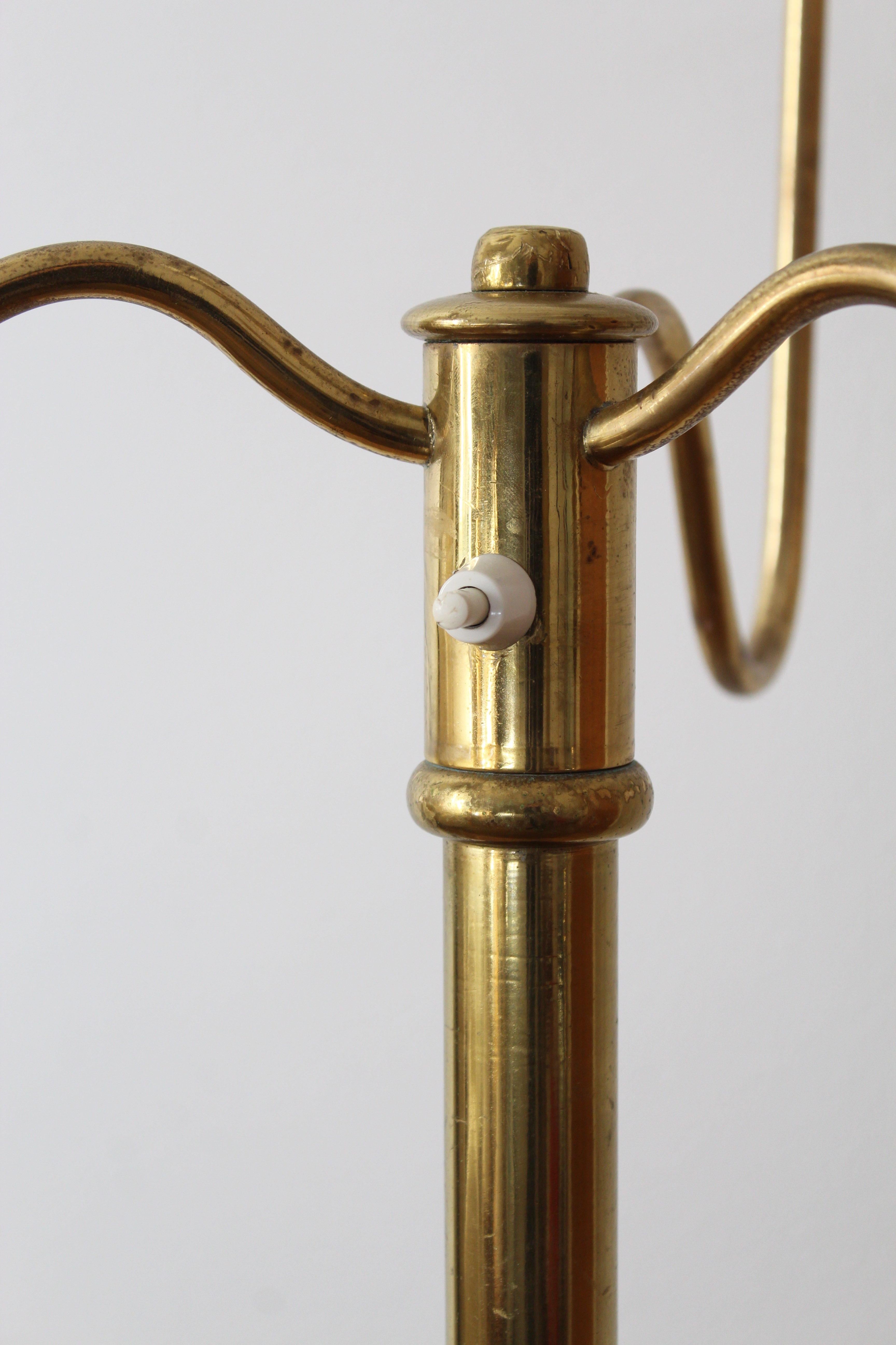 Swedish, Organic Three-Armed Floor Lamp, Brass, Silk, Sweden, 1940s In Good Condition In High Point, NC