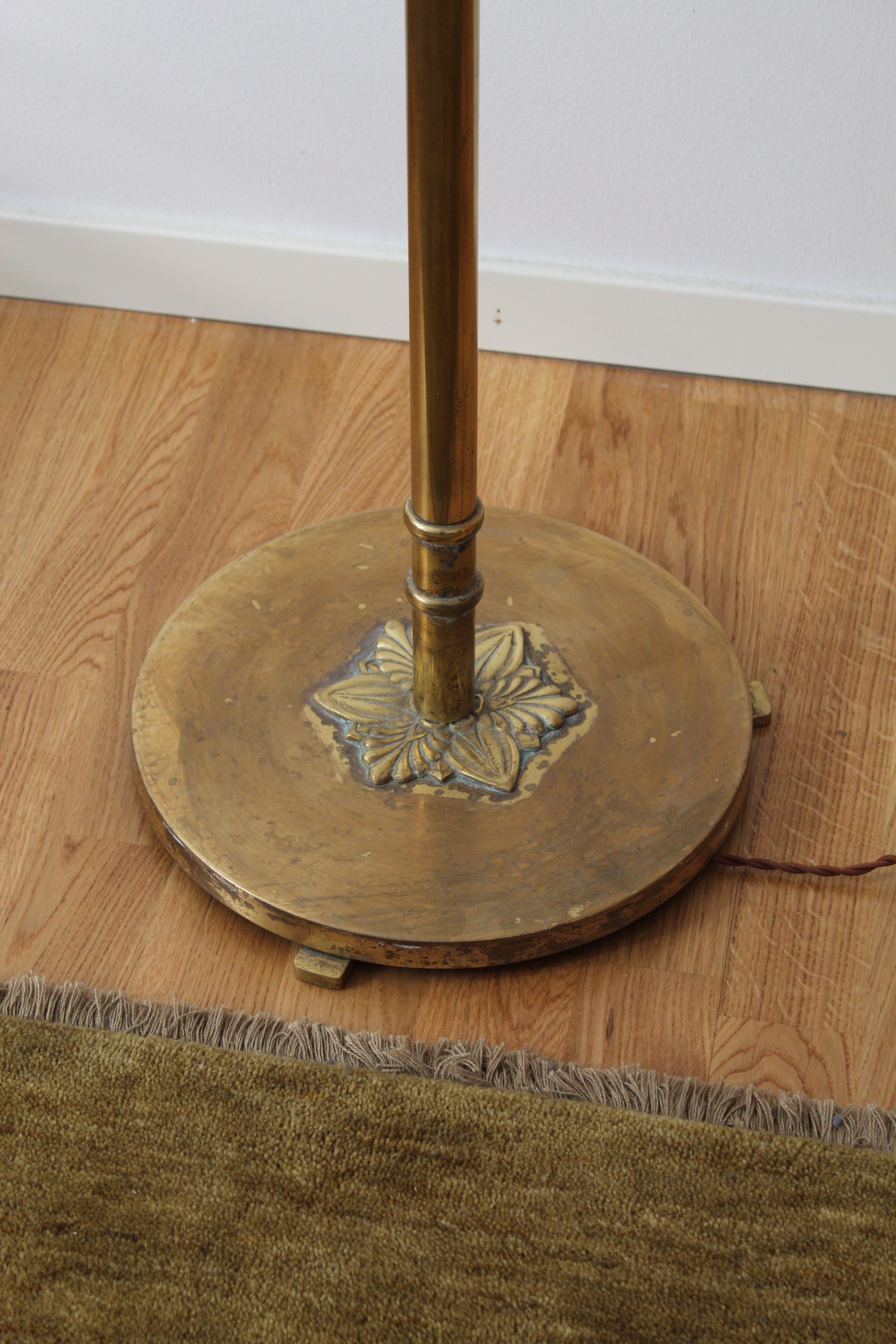 Mid-20th Century Swedish, Organic Three-Armed Floor Lamp, Brass, Silk, Sweden, 1940s