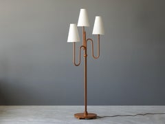 Swedish, Organic Three-Armed Floor Lamp, Brass, Wood, rattan, Linen, 1930s