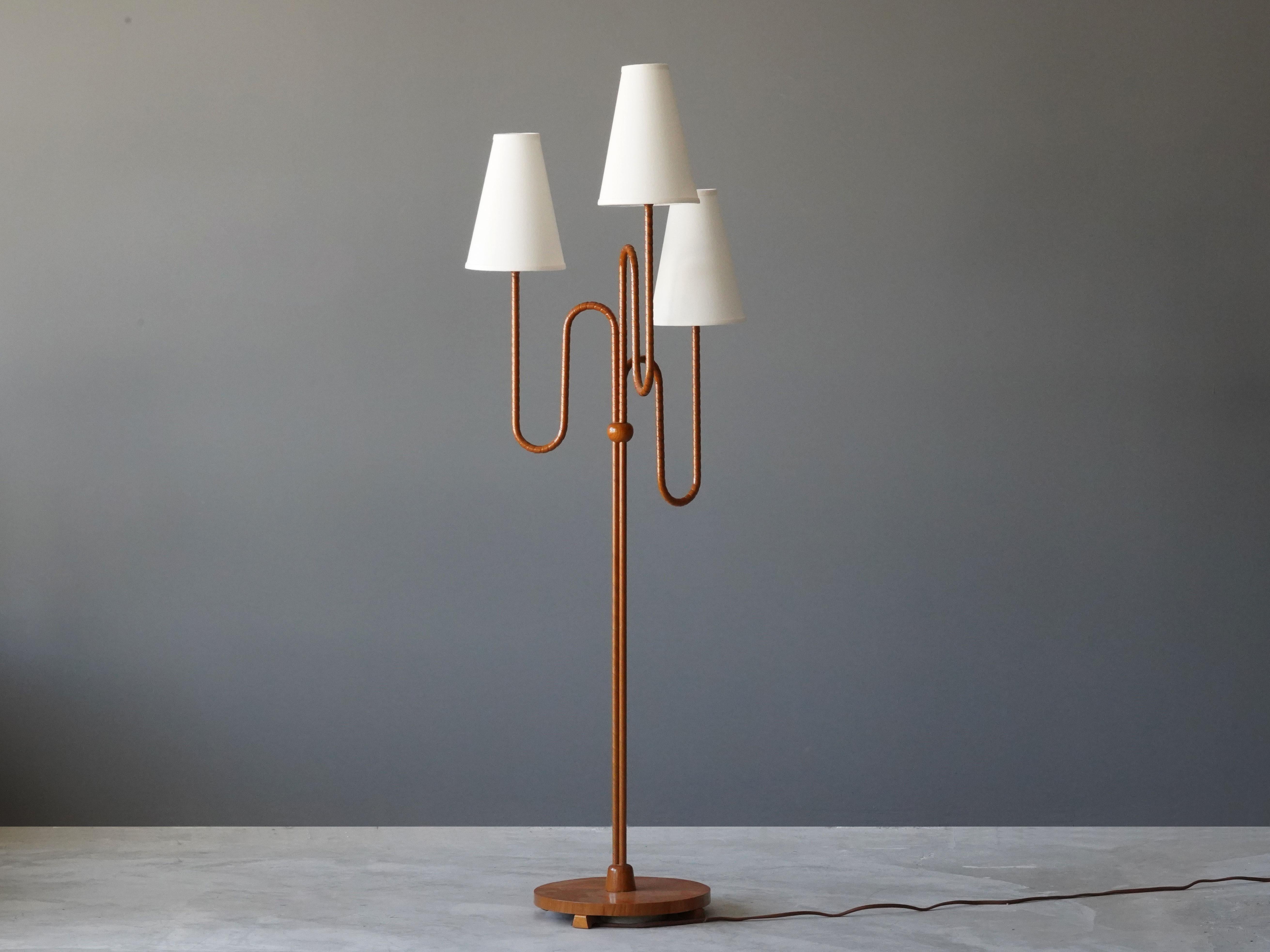 Scandinavian Modern Swedish, Organic Three-Armed Floor Lamp, Brass, Wood, rattan, Linen, 1930s